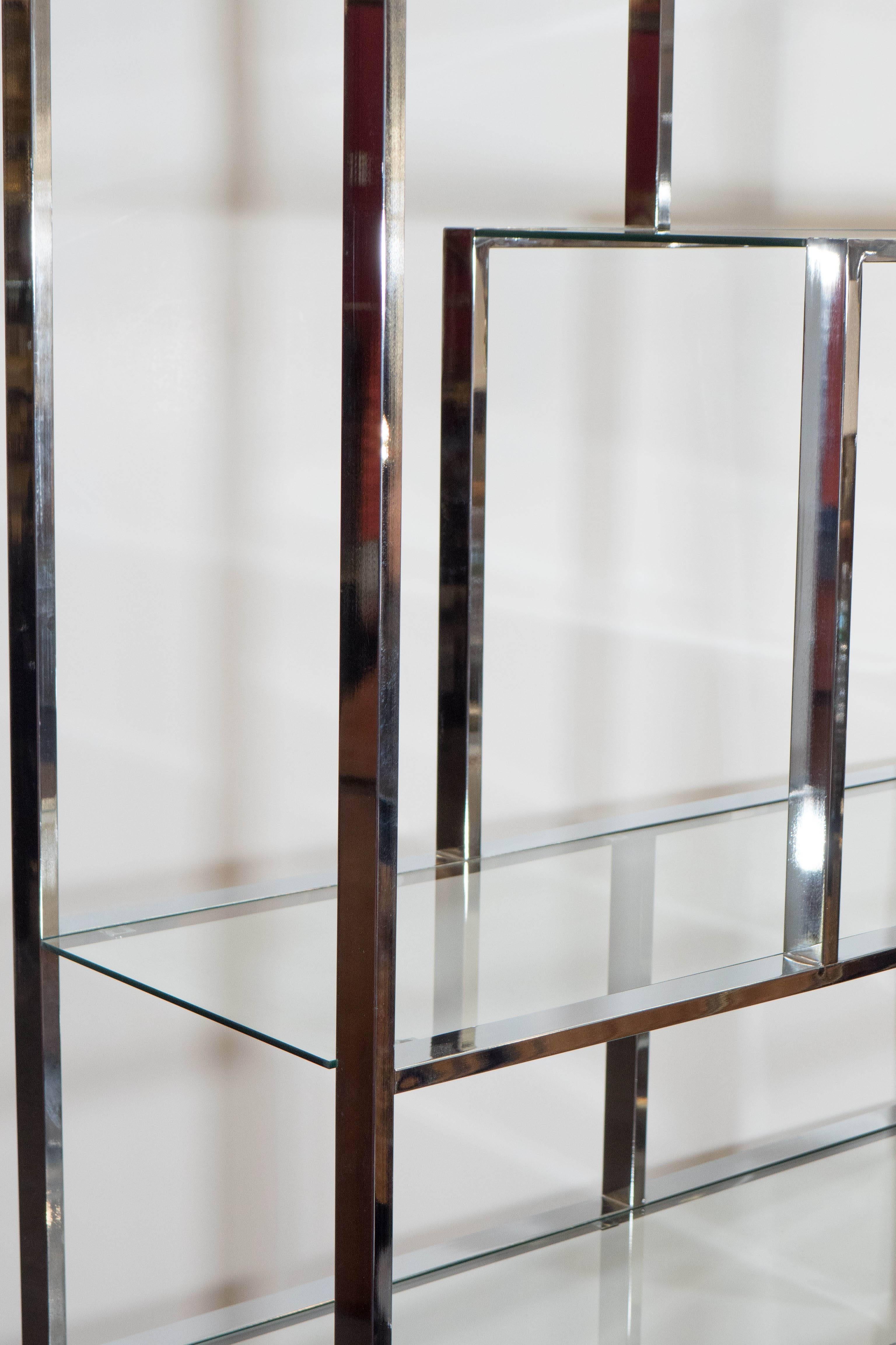 Modern Milo Baughman Etagere in Chrome and Glass Shelves with Greek Key Base