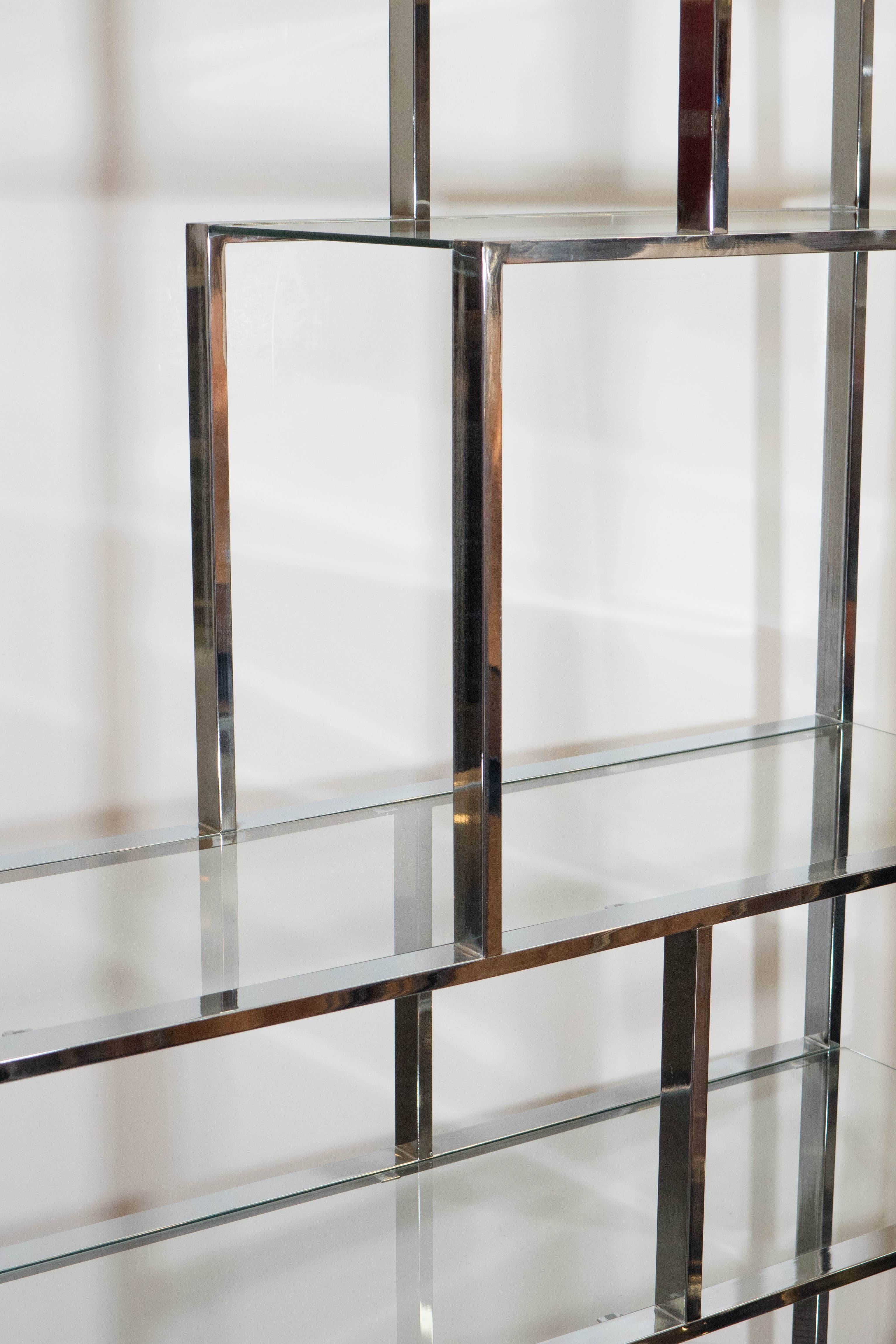 American Milo Baughman Etagere in Chrome and Glass Shelves with Greek Key Base