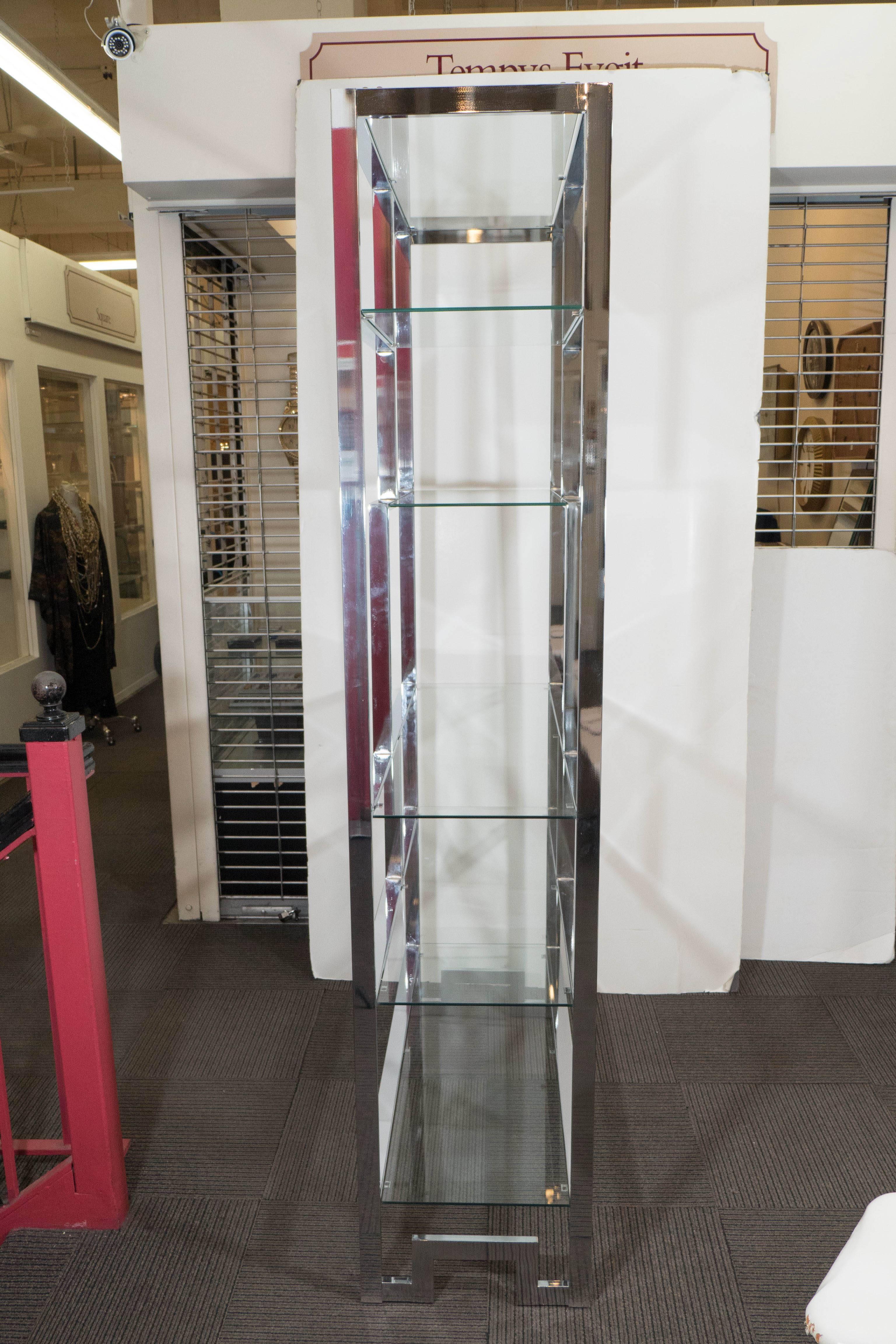 Milo Baughman Etagere in Chrome and Glass Shelves with Greek Key Base In Good Condition In New York, NY