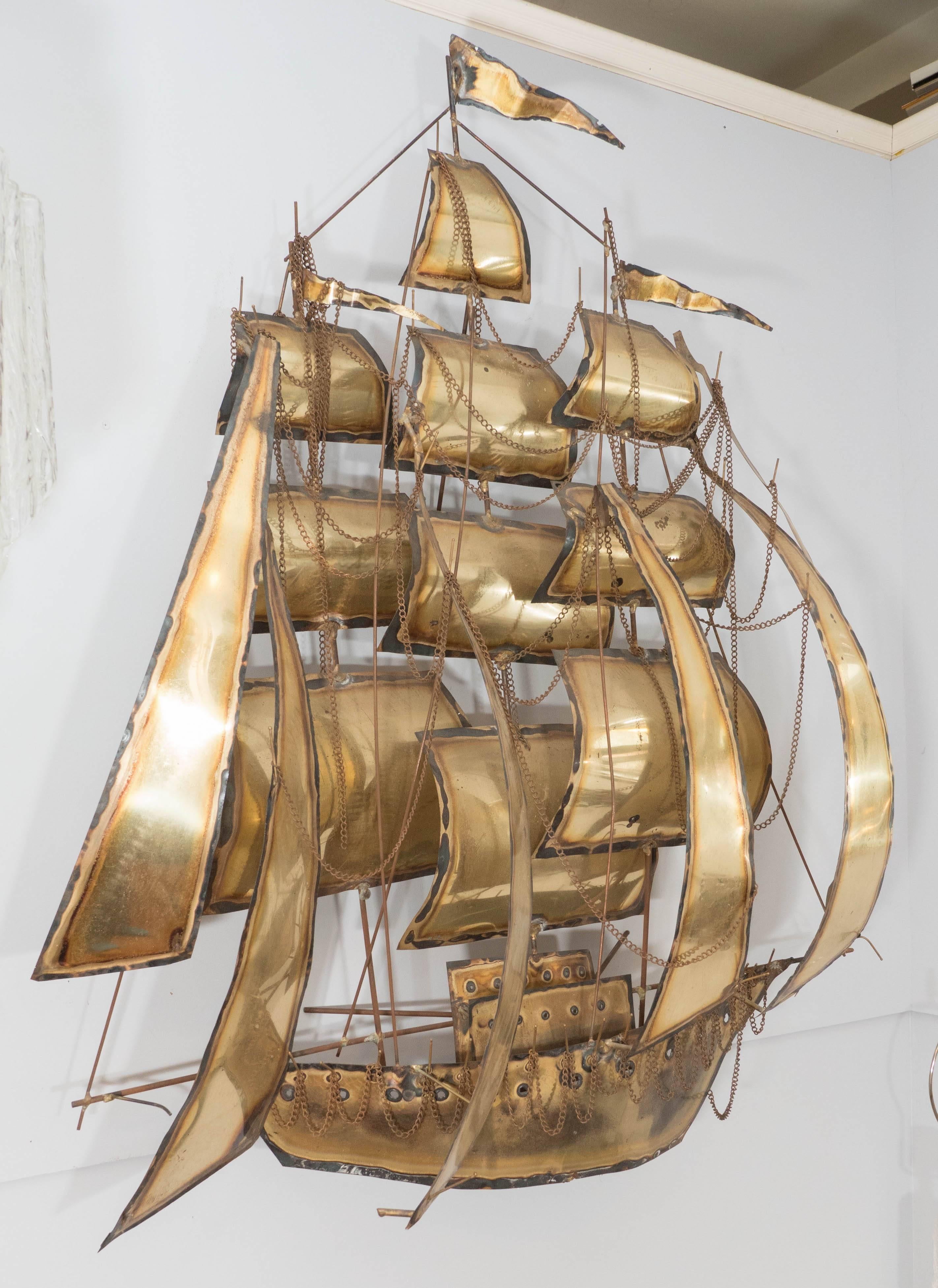 Metal Brutalist Style Sailing Ship Wall Sculpture in the Manner of Curtis Jere