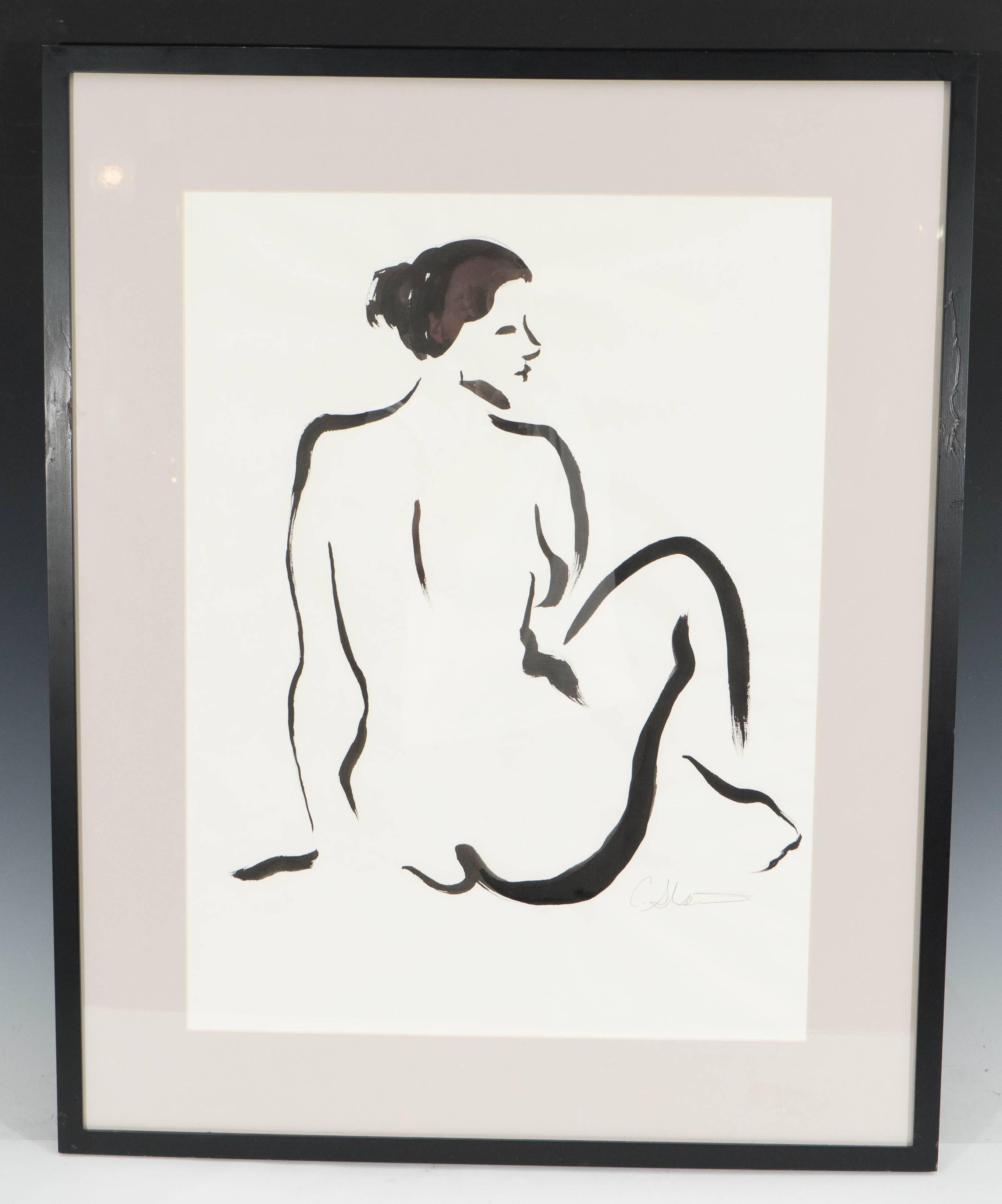 A set of five ink lithographs on paper, each depicting a unique study of a nude female figure, in the minimalist style. Markings include the artist's signature (indiscernible). Very good condition, consistent with age and use, minor wear to frames.