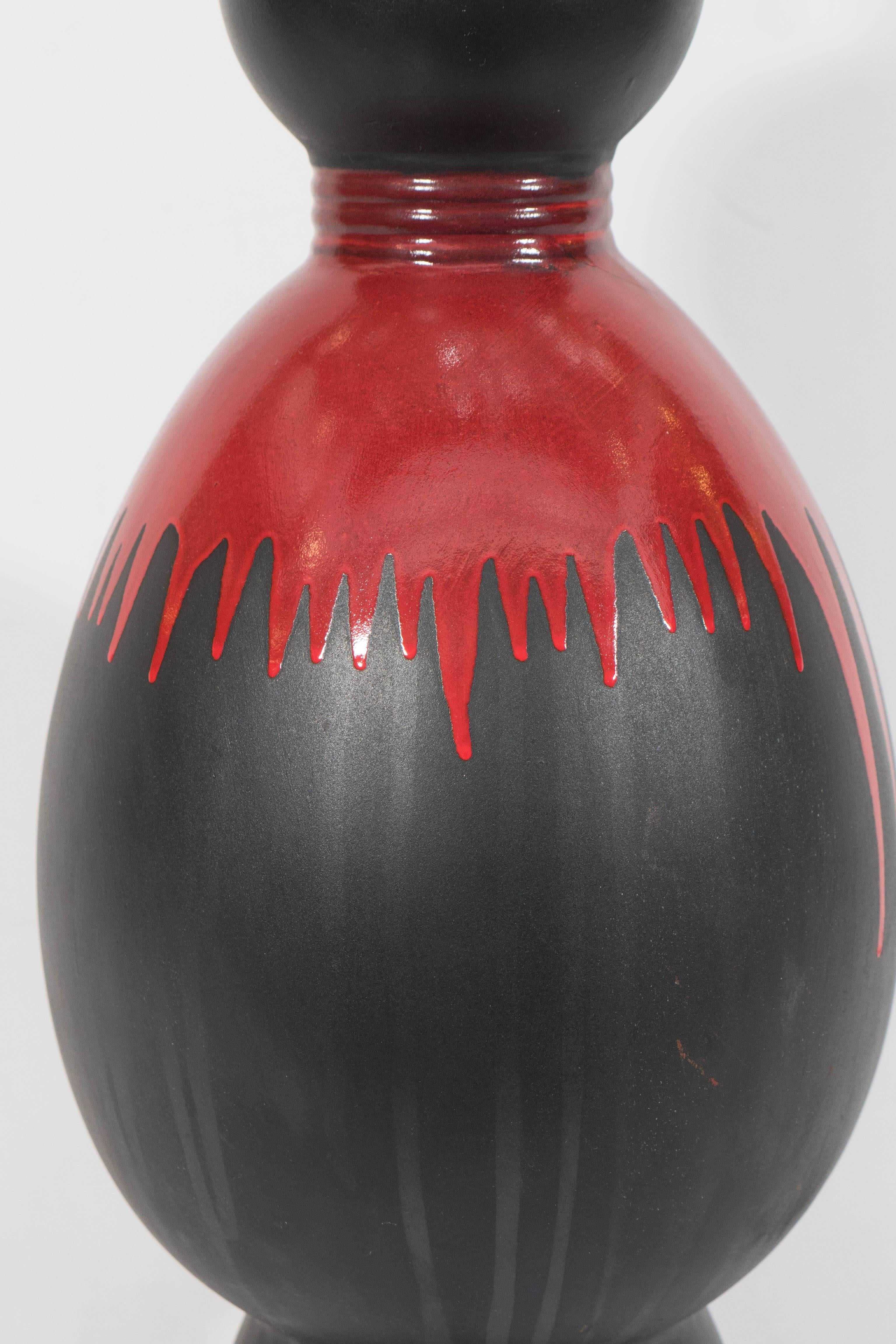 Mid-Century Modern Pair of Midcentury Black Glazed Gourd Lamps with Red Drip Glaze