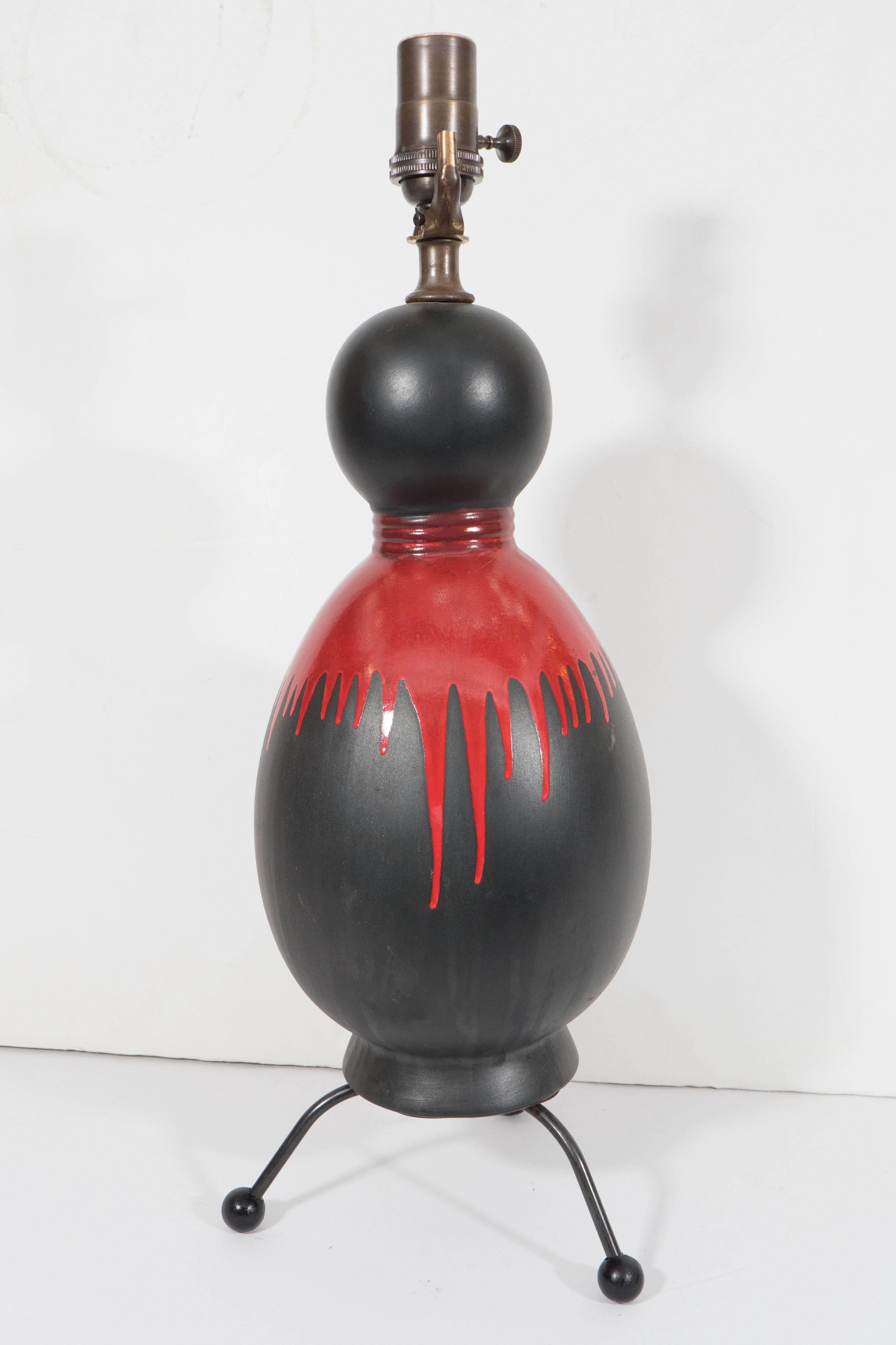 Pair of Midcentury Black Glazed Gourd Lamps with Red Drip Glaze In Excellent Condition In New York, NY
