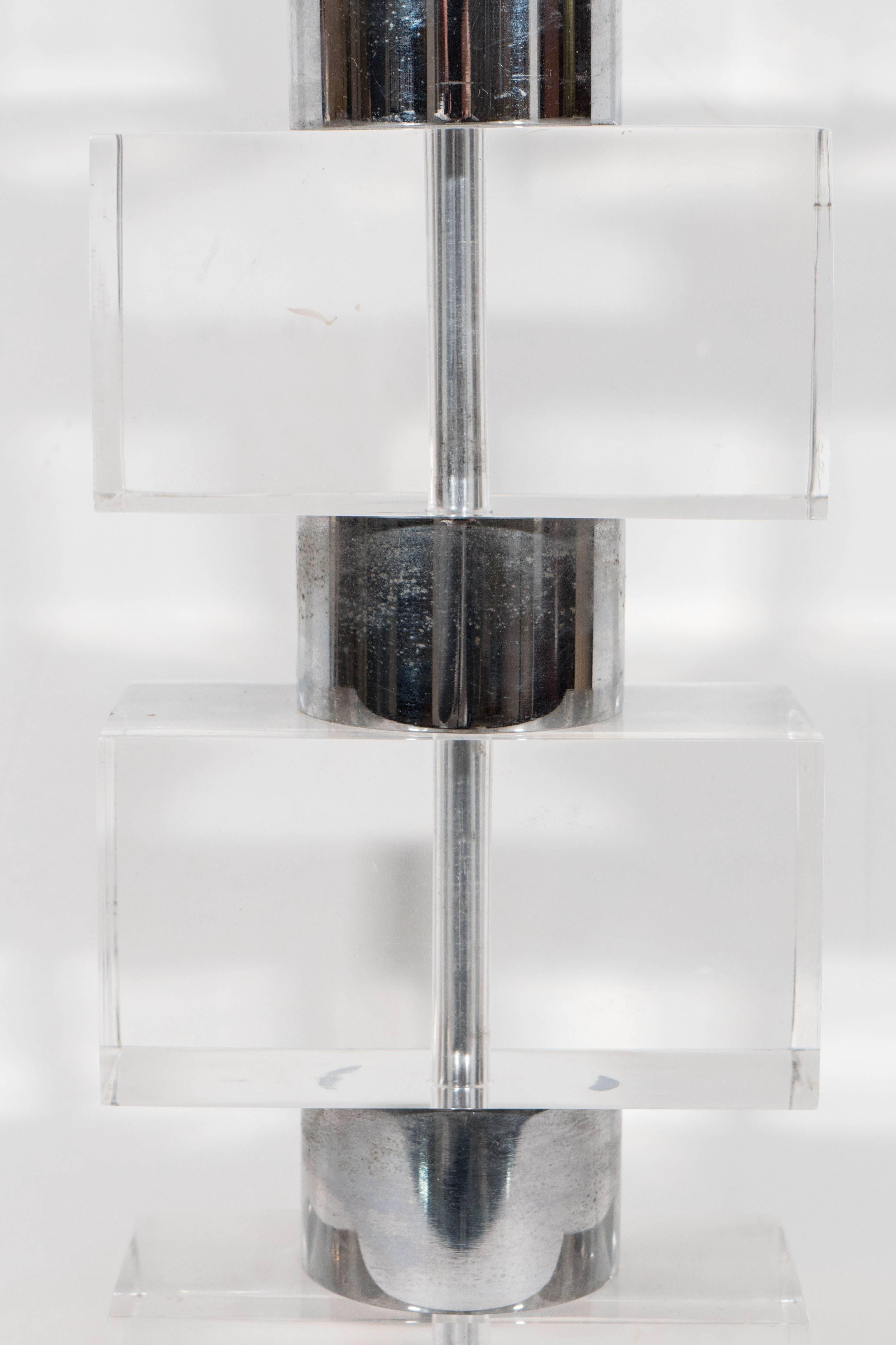 Modern Stacked Geometric Lamp in Lucite and Chrome