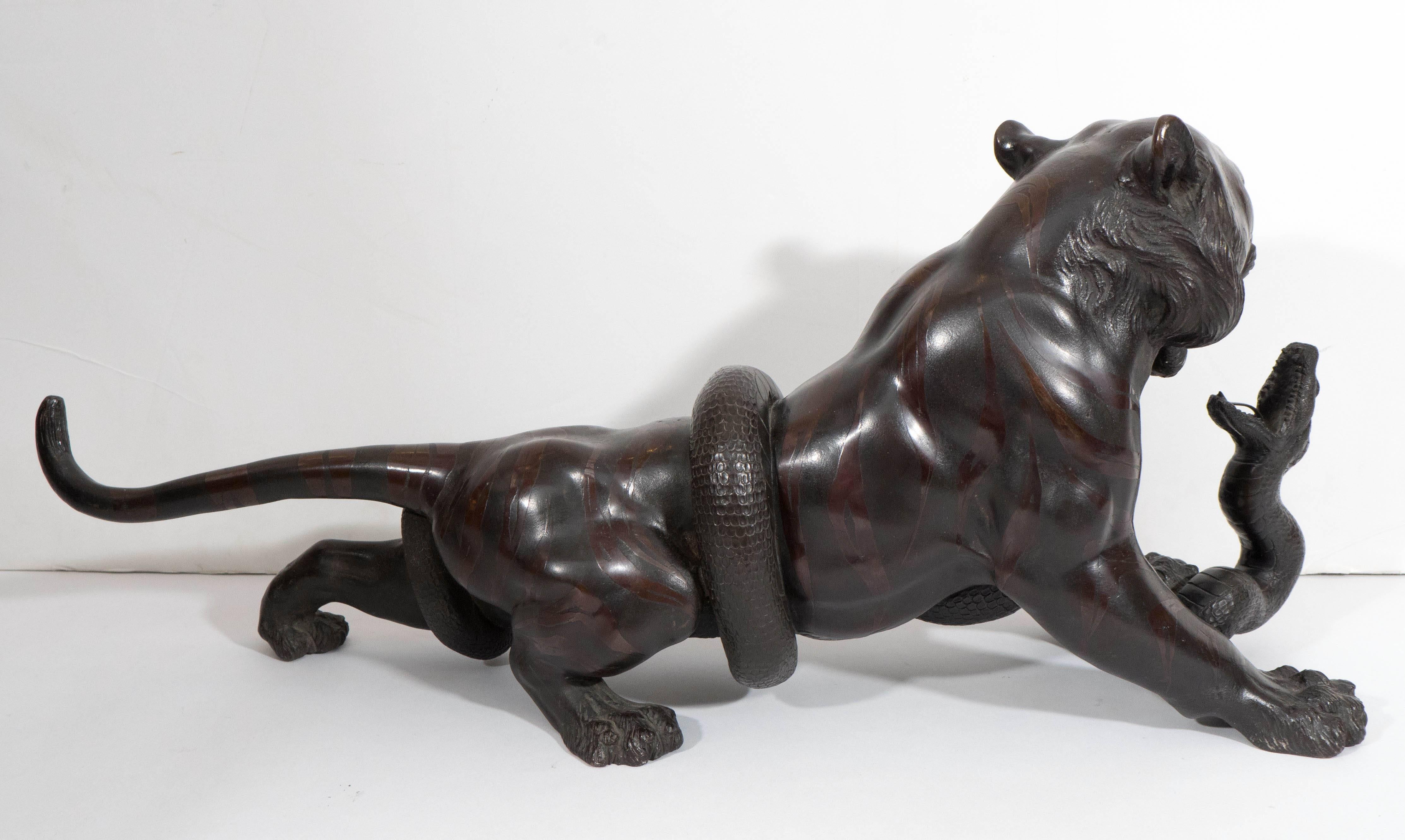 19th Century Japanese Tiger and Snake Sculpture in Bronze, Meiji Period
