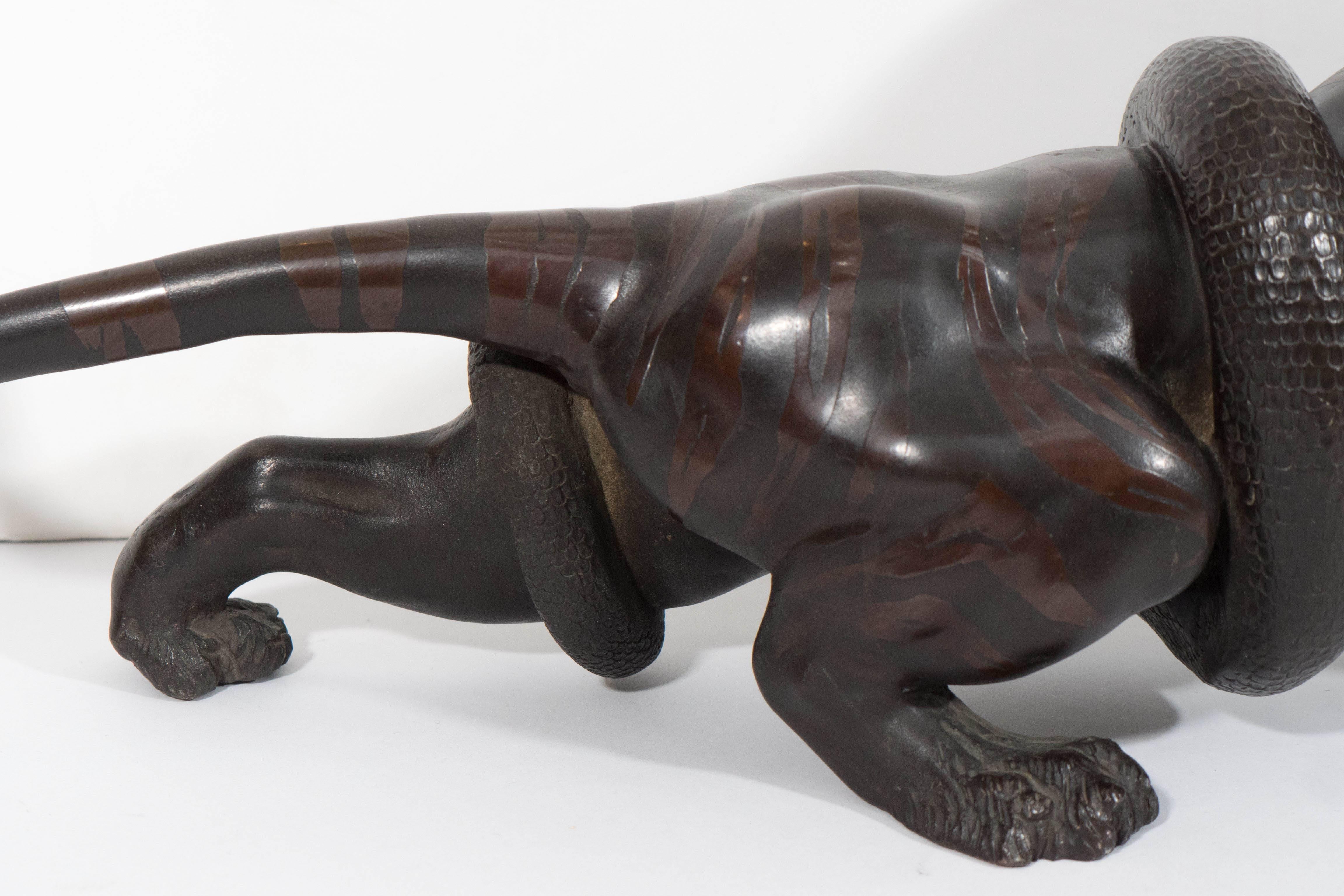 Japanese Tiger and Snake Sculpture in Bronze, Meiji Period 1