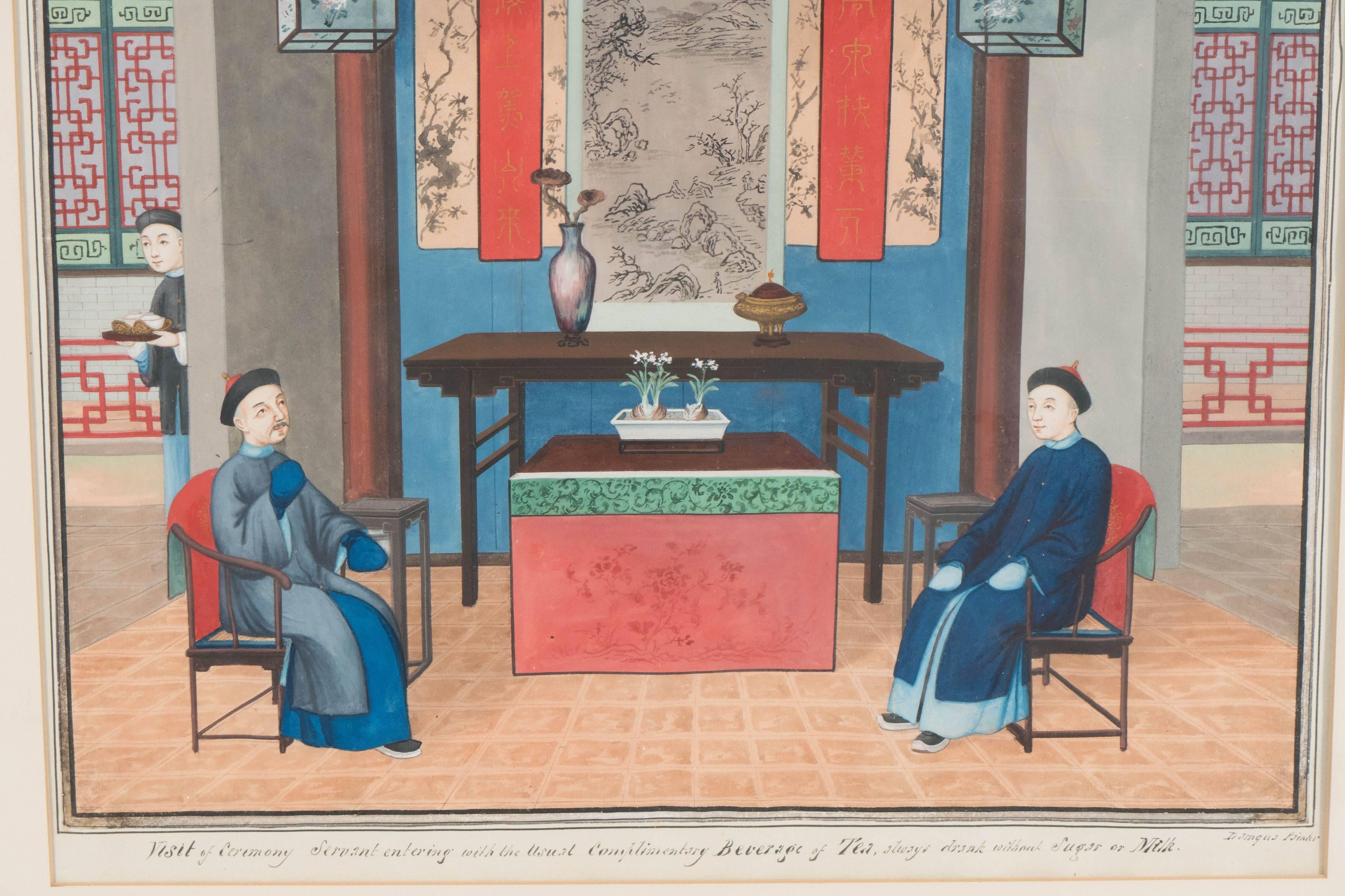 This Chinese watercolor and gouache painting, produced within the mid-19th century Qing period by artist Lamqua (Lam-Qua), depicts two gentlemen conversing within a beautifully furnished interior, moments before a servant enters the room with tea.
