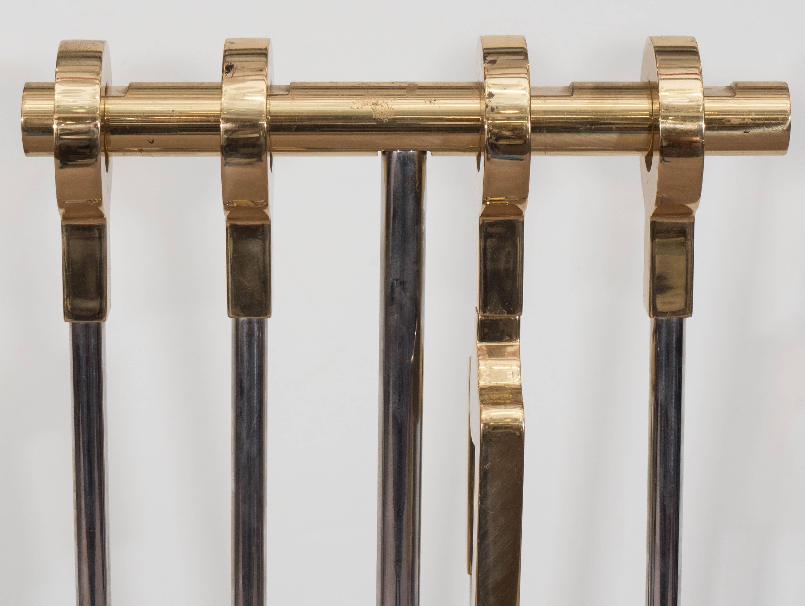Modern Set of Danny Alessandro Fireplace Tools in Brass and Nickel
