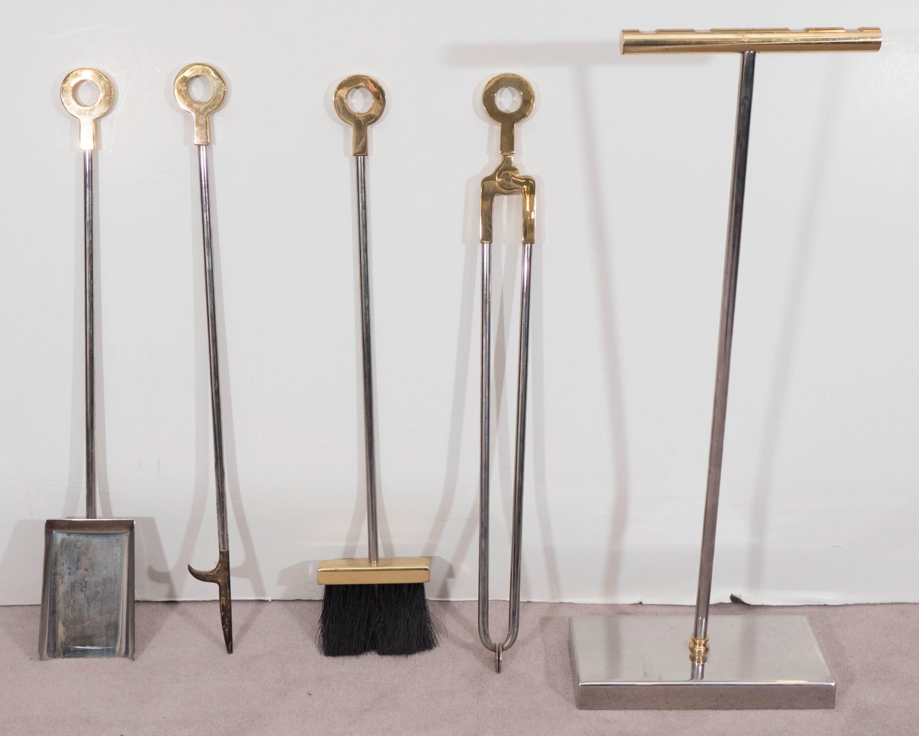 Late 20th Century Set of Danny Alessandro Fireplace Tools in Brass and Nickel
