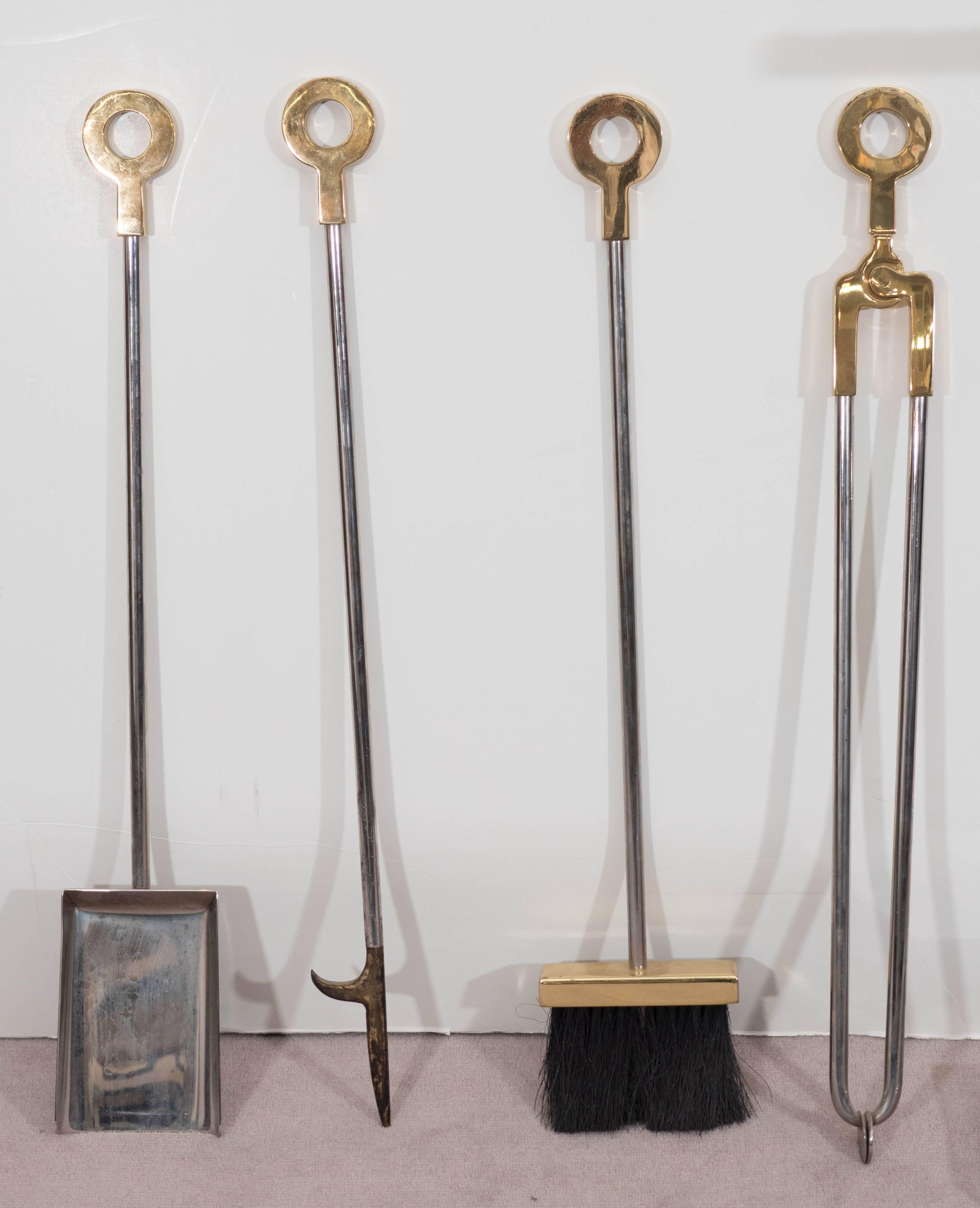 Set of Danny Alessandro Fireplace Tools in Brass and Nickel 1