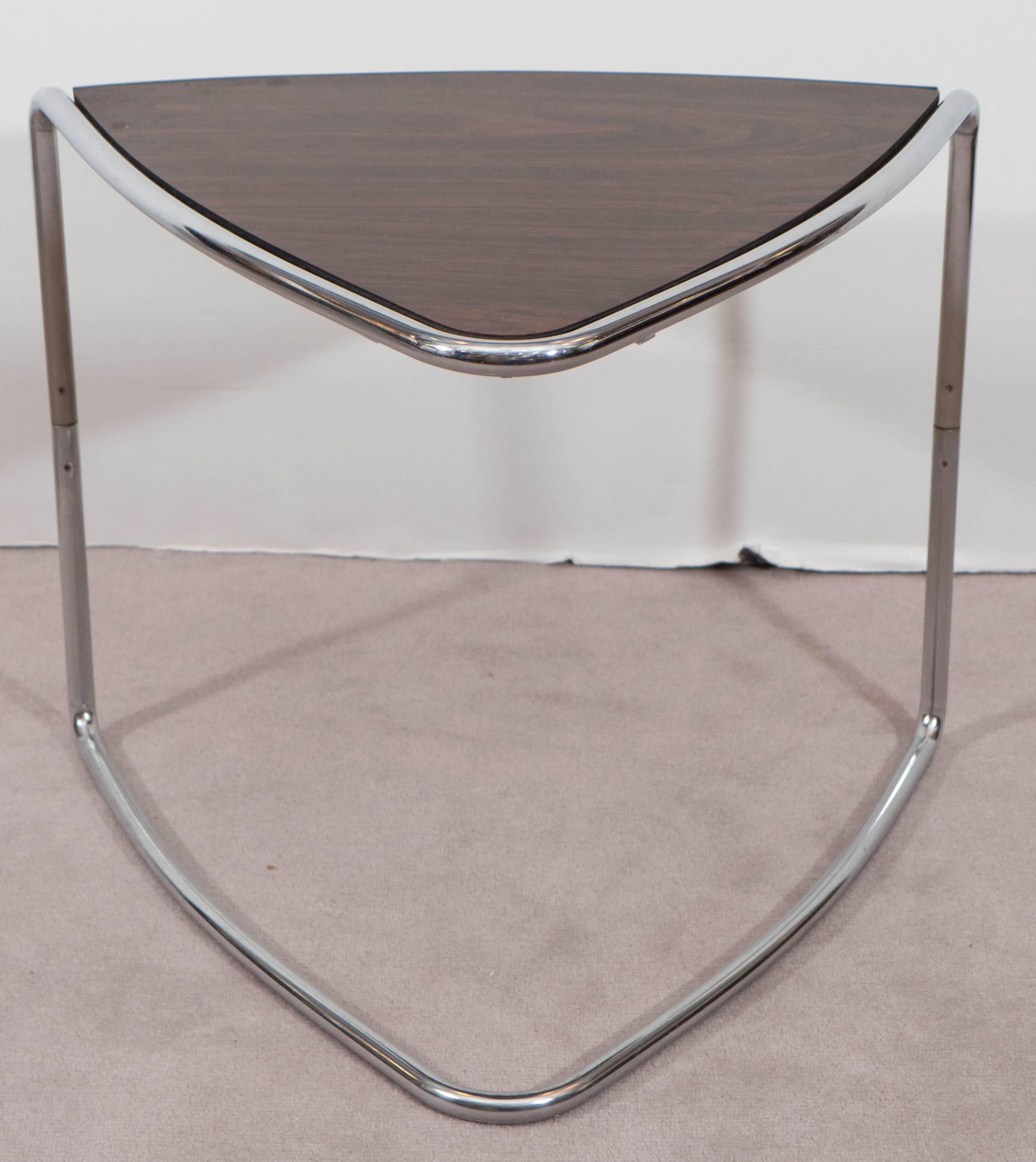 Late 20th Century Set of Three Triangular Stacking Tables on Chrome