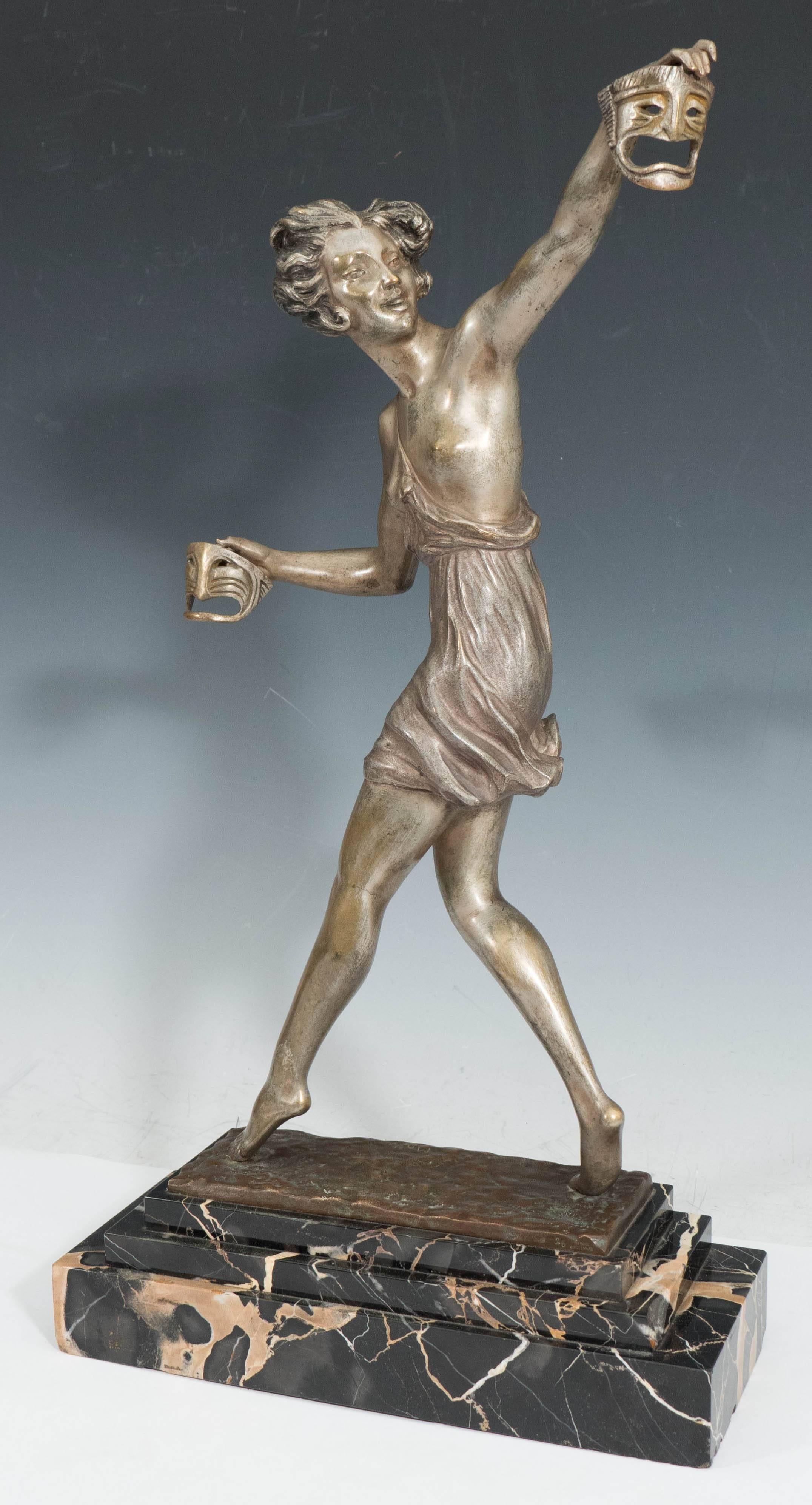 Art Deco Dancer with Comedy & Tragedy Masks, Signed 'Matto' (Marcel Bouraine) In Good Condition For Sale In New York, NY