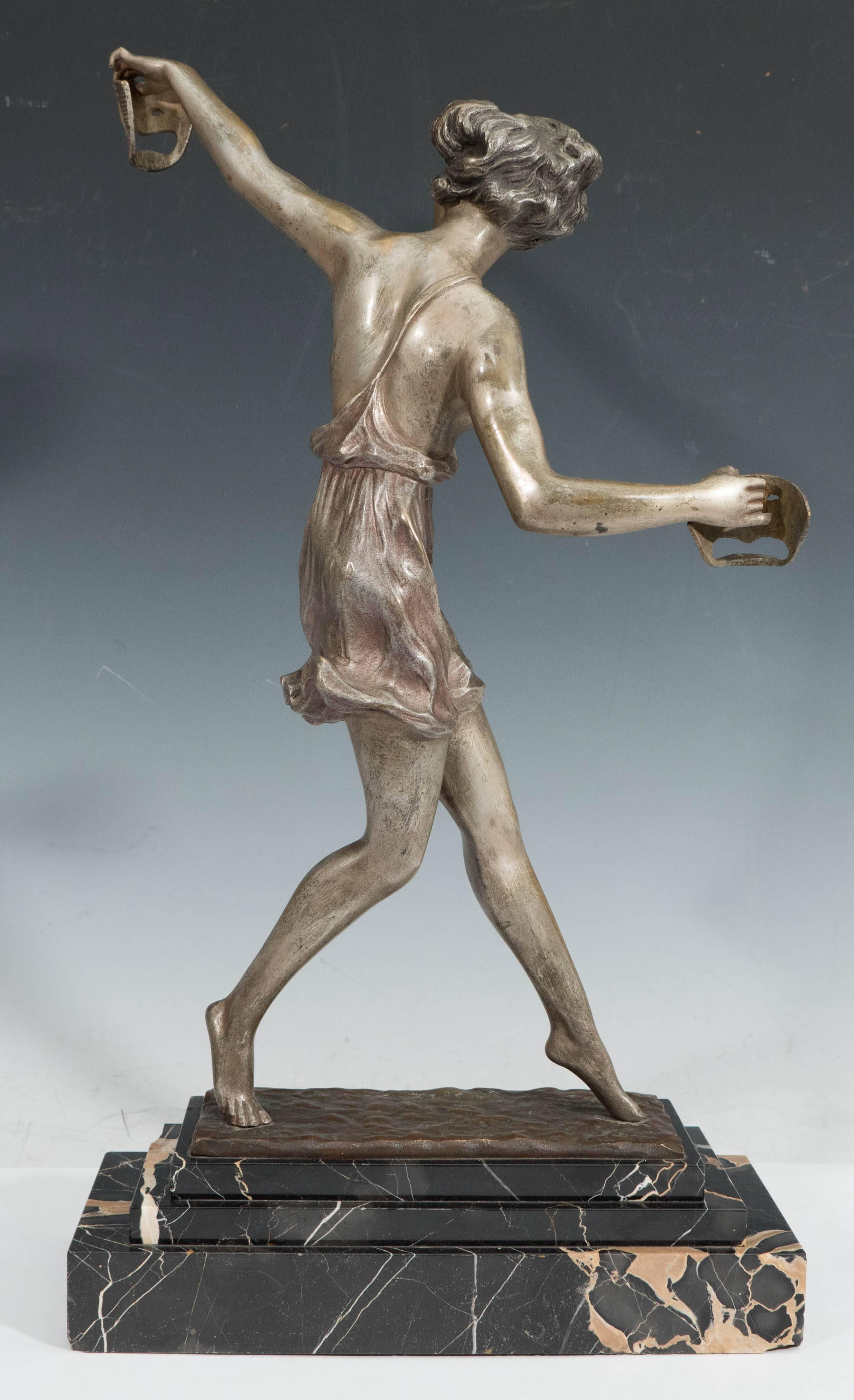 Silver Art Deco Dancer with Comedy & Tragedy Masks, Signed 'Matto' (Marcel Bouraine) For Sale