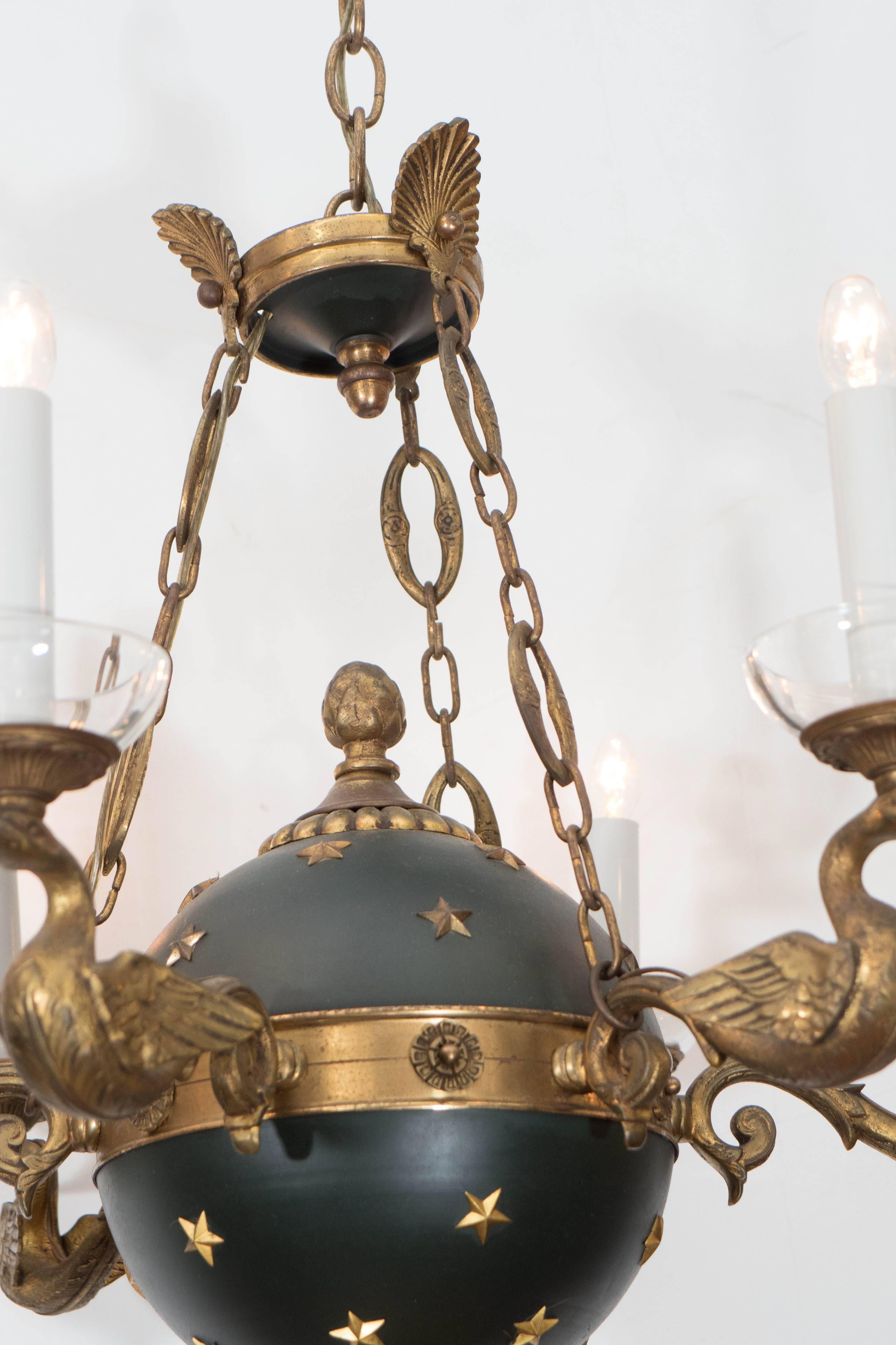 Enameled French Empire Style Chandelier with Celestial Globe and Swan Motif