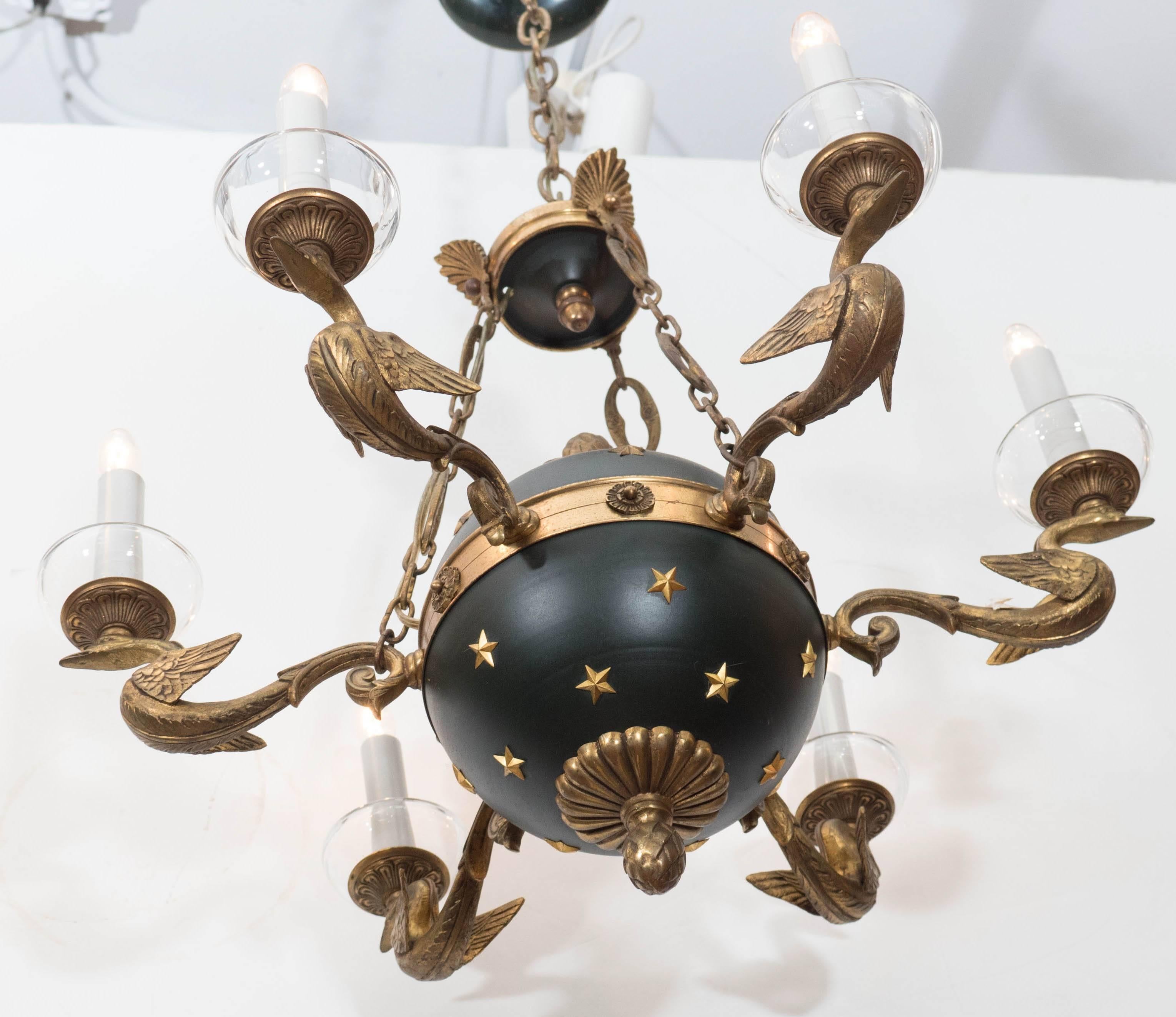 Mid-20th Century French Empire Style Chandelier with Celestial Globe and Swan Motif