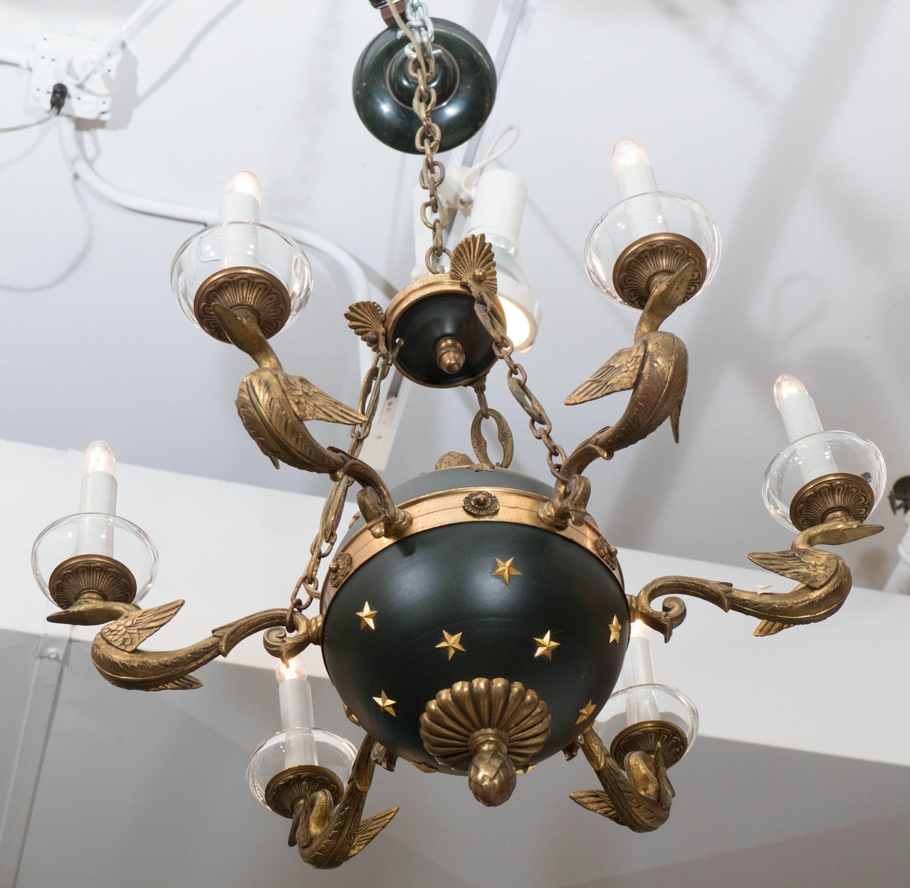 Glass French Empire Style Chandelier with Celestial Globe and Swan Motif
