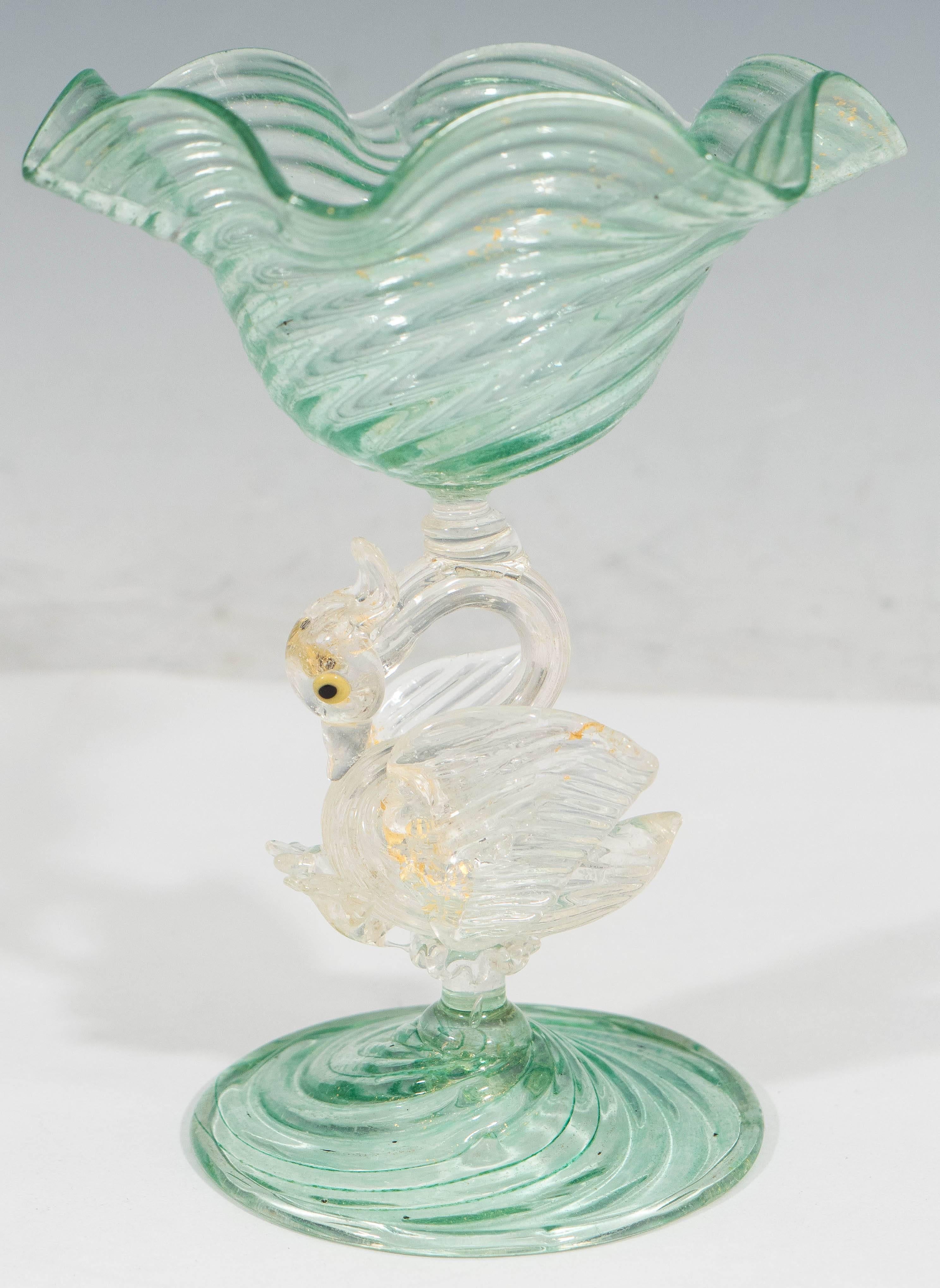 Blown Glass Salviati Glass Raised Bowl and Salts with Swan Motif For Sale