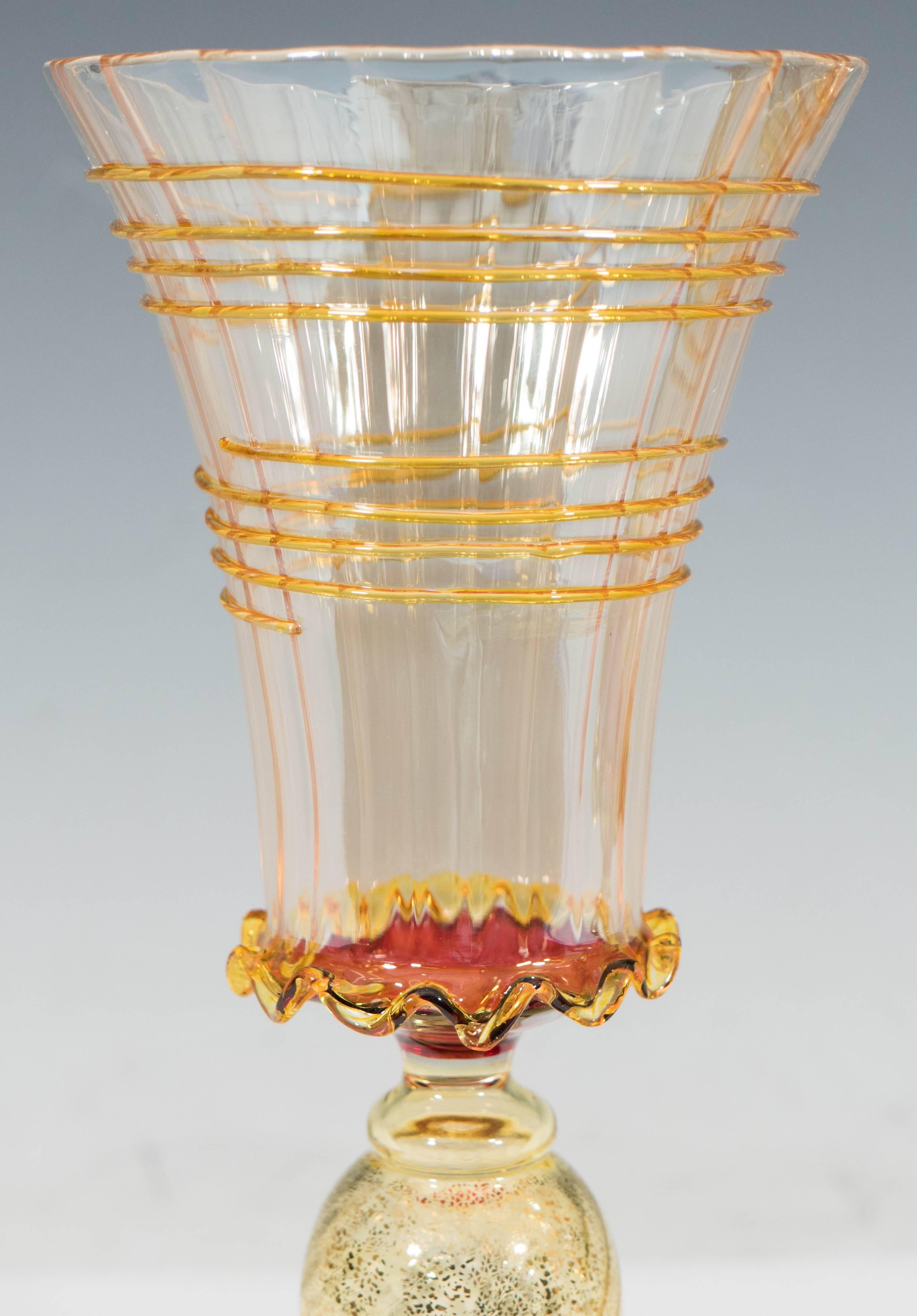 Contemporary Pair of Venetian Style Red and Gold Blown Glass Goblets