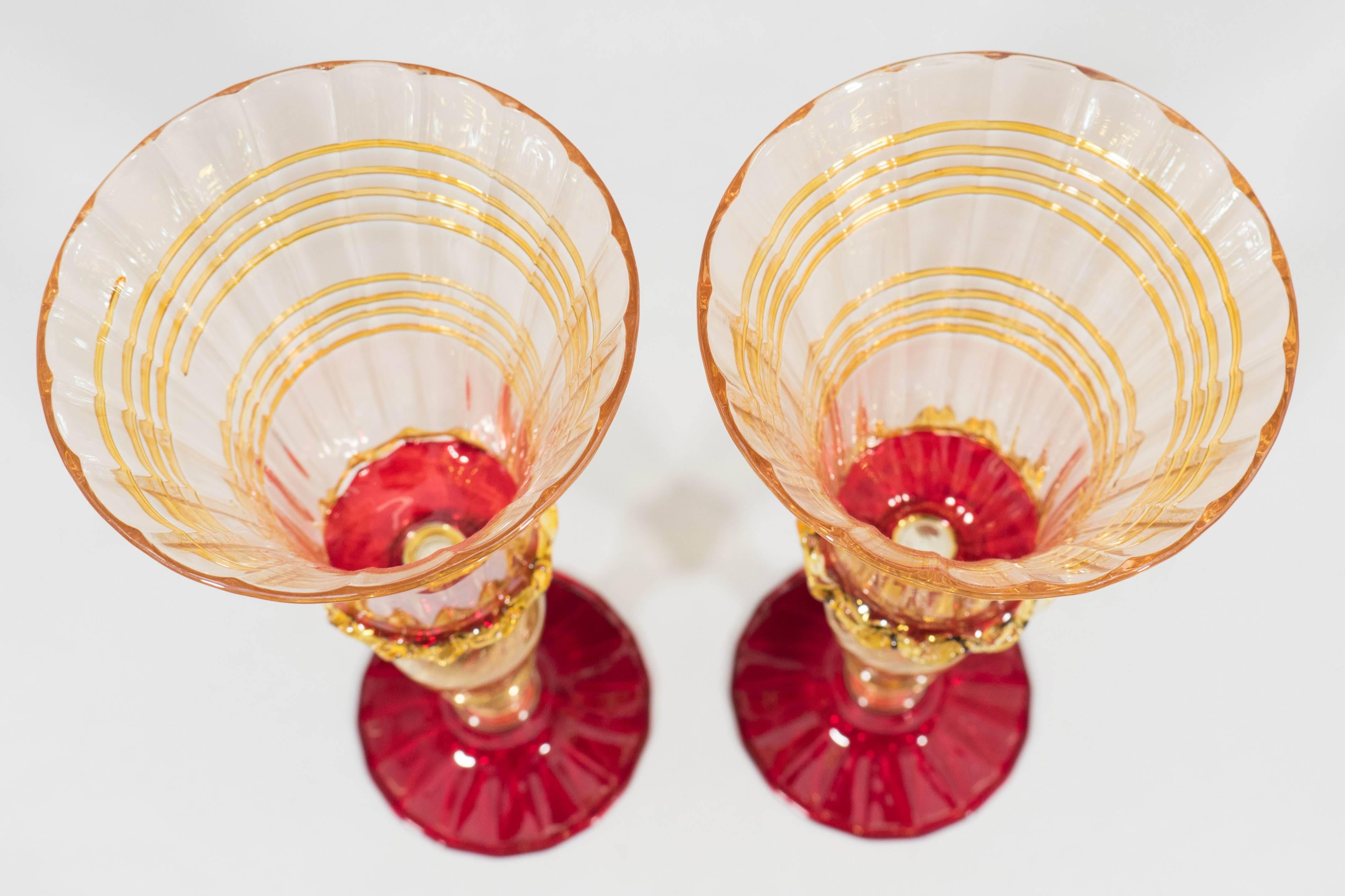 Pair of Venetian Style Red and Gold Blown Glass Goblets 1