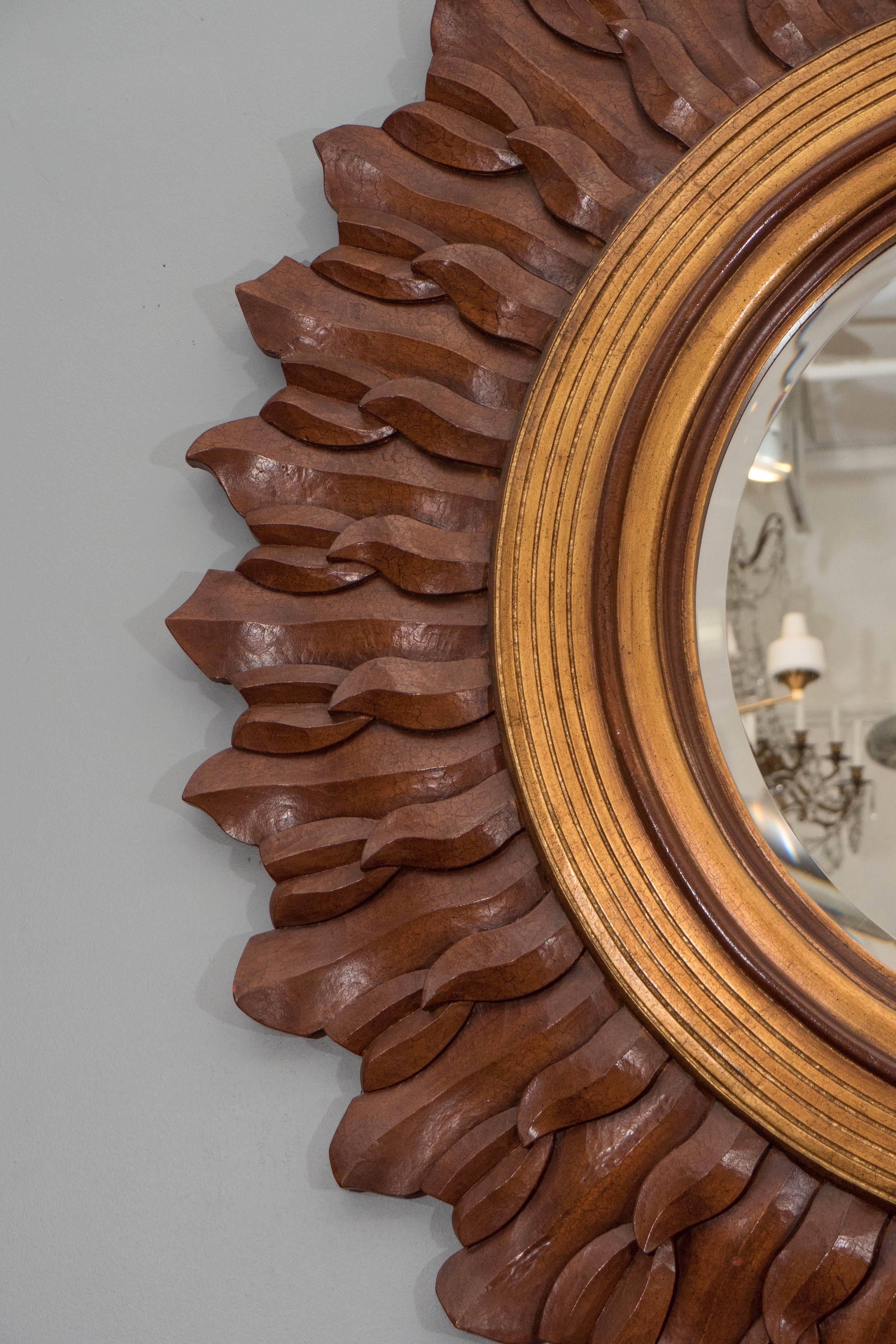 Wood Sunburst Mirror in Carved and Giltwood Frame