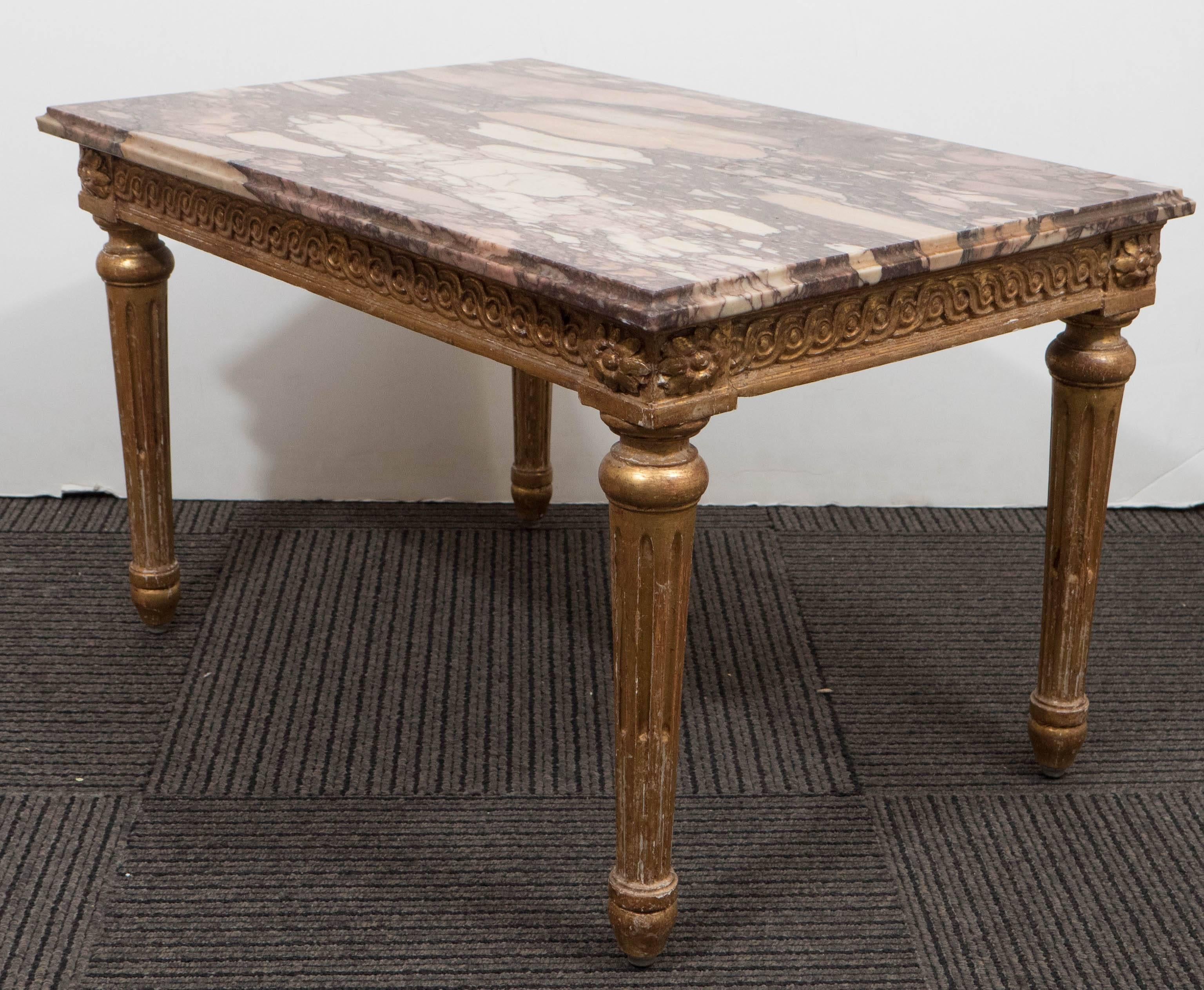 20th Century Pair of Louis XVI Style Giltwood Tables with Breche d'Alep Marble Tops
