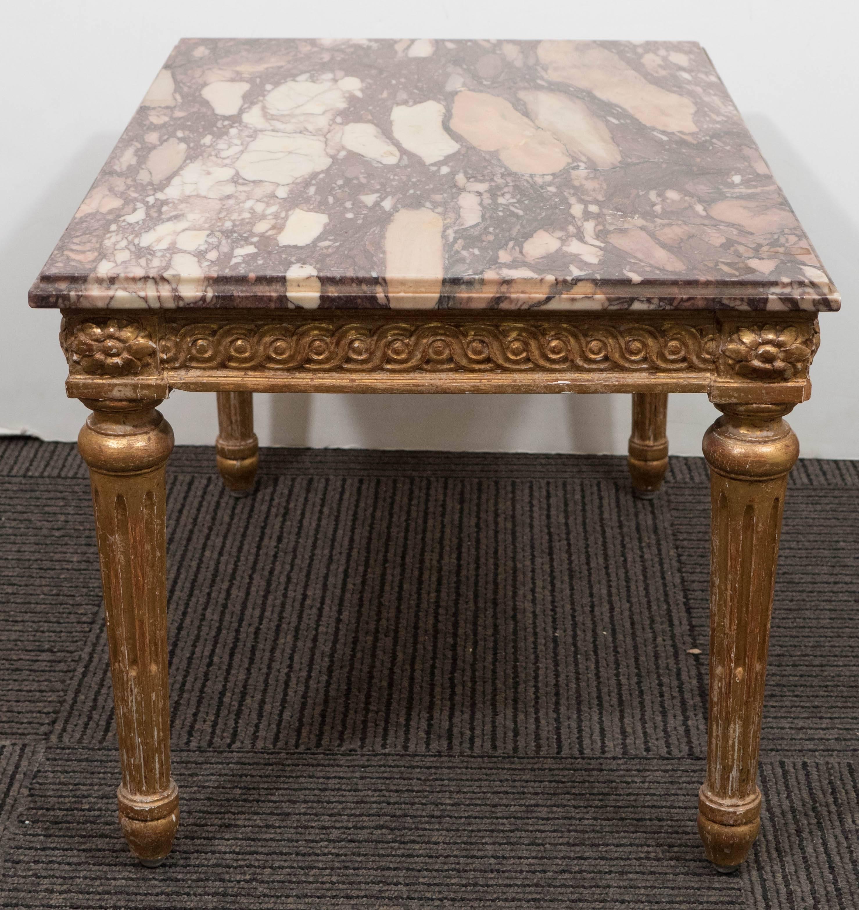 Pair of Louis XVI Style Giltwood Tables with Breche d'Alep Marble Tops 2