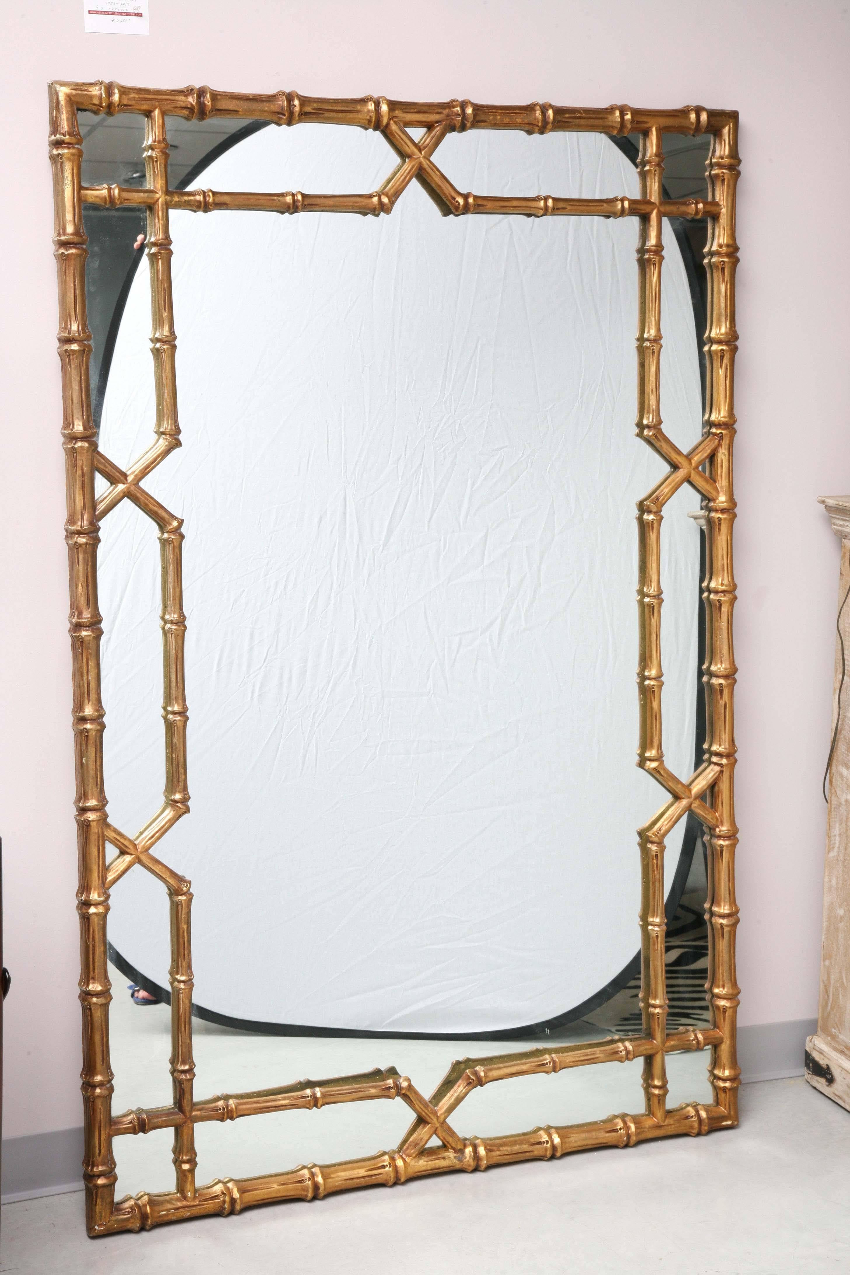 Neoclassical Revival Vintage, Huge Mirror, Faux Bamboo Frame, Gilt, Can Lean Against the Wall