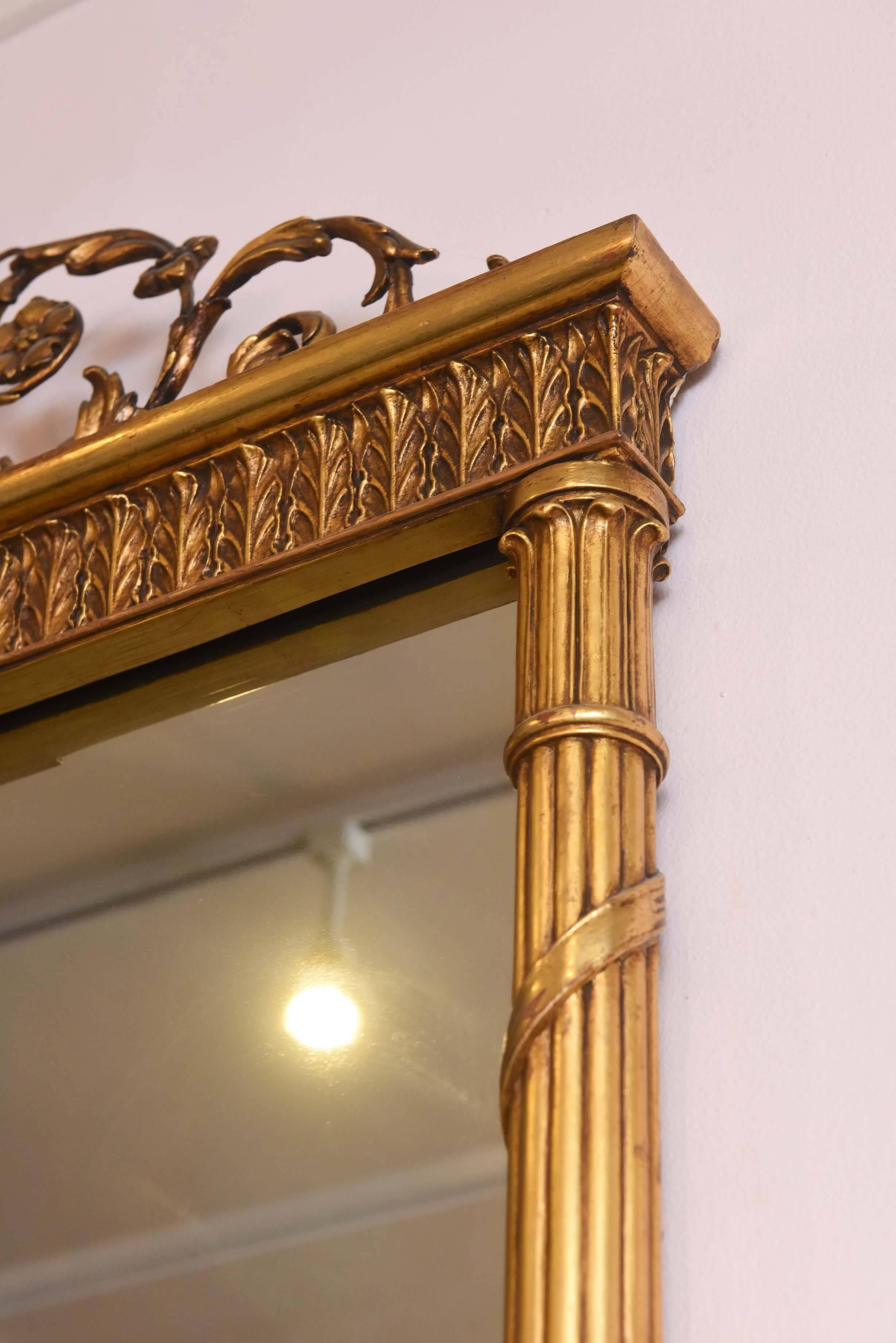 Early 20th Century Vintage Carved Giltwood and Polychrome Painted Mirror with Columns Urn Details