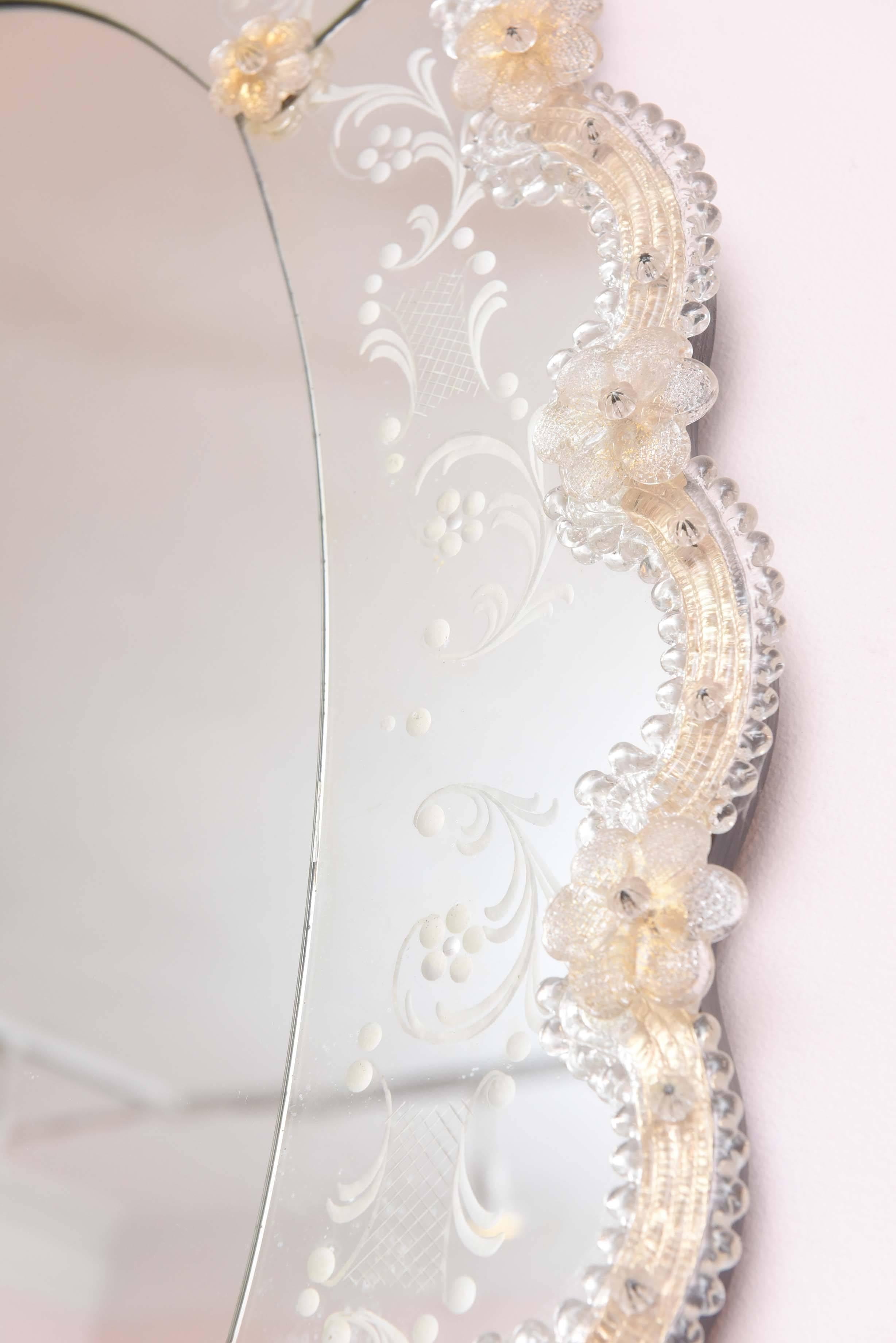 Mid-20th Century Vintage Venetian Mirror with Applied Rosettes and Etched Detail