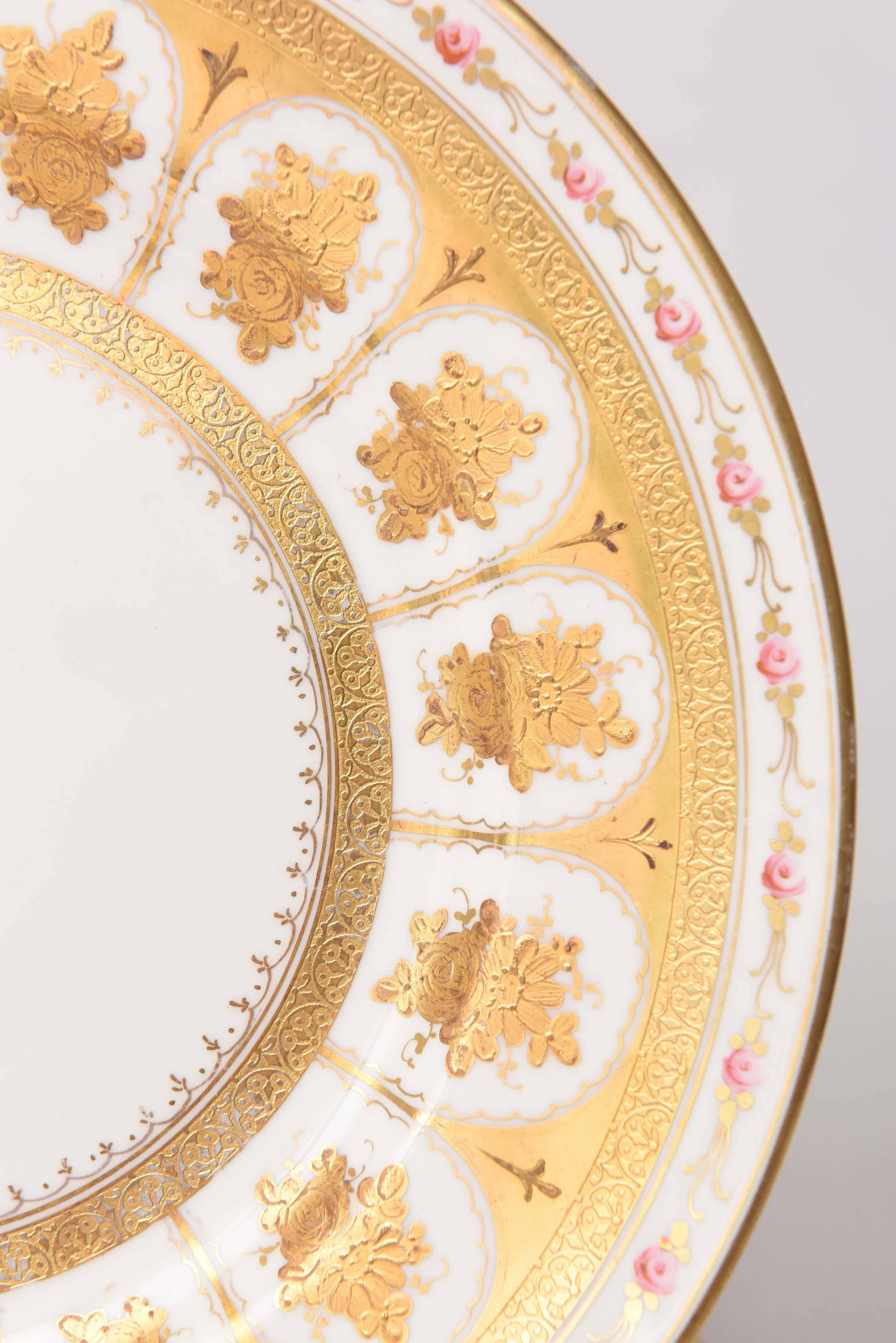 12 Stunning Antique Dessert or Salad Plates, Heavily Gilded English Hand-Painted In Good Condition In West Palm Beach, FL
