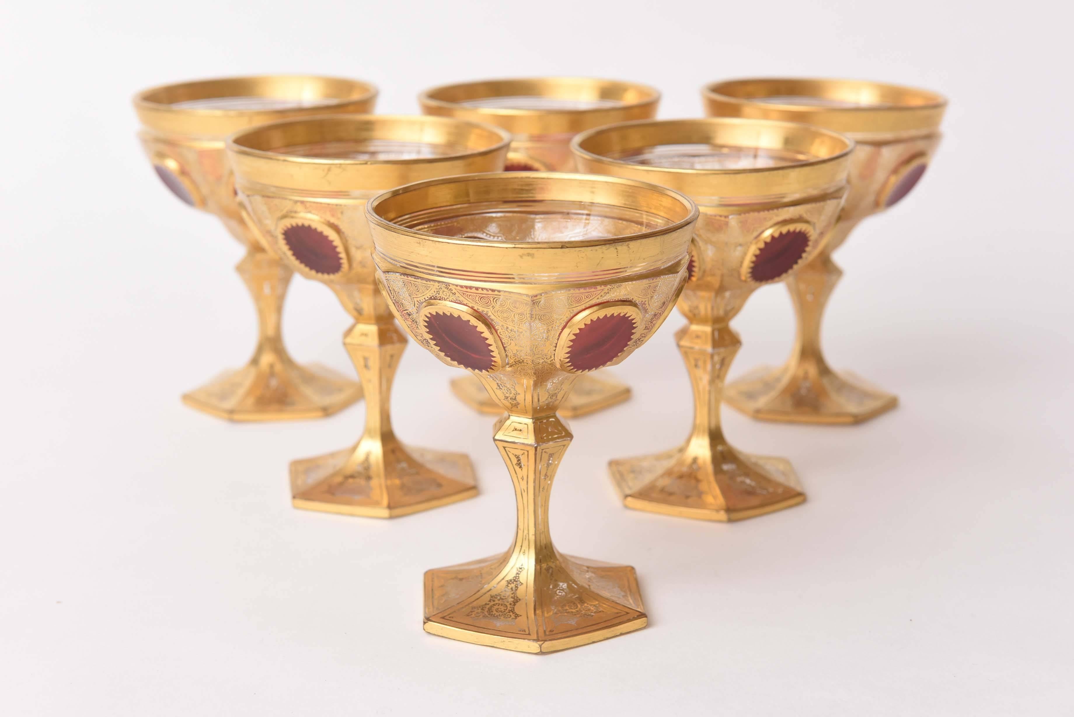 Czech Six Elaborate Gilt Encrusted Ruby Cabochon Style Antique Moser Goblets