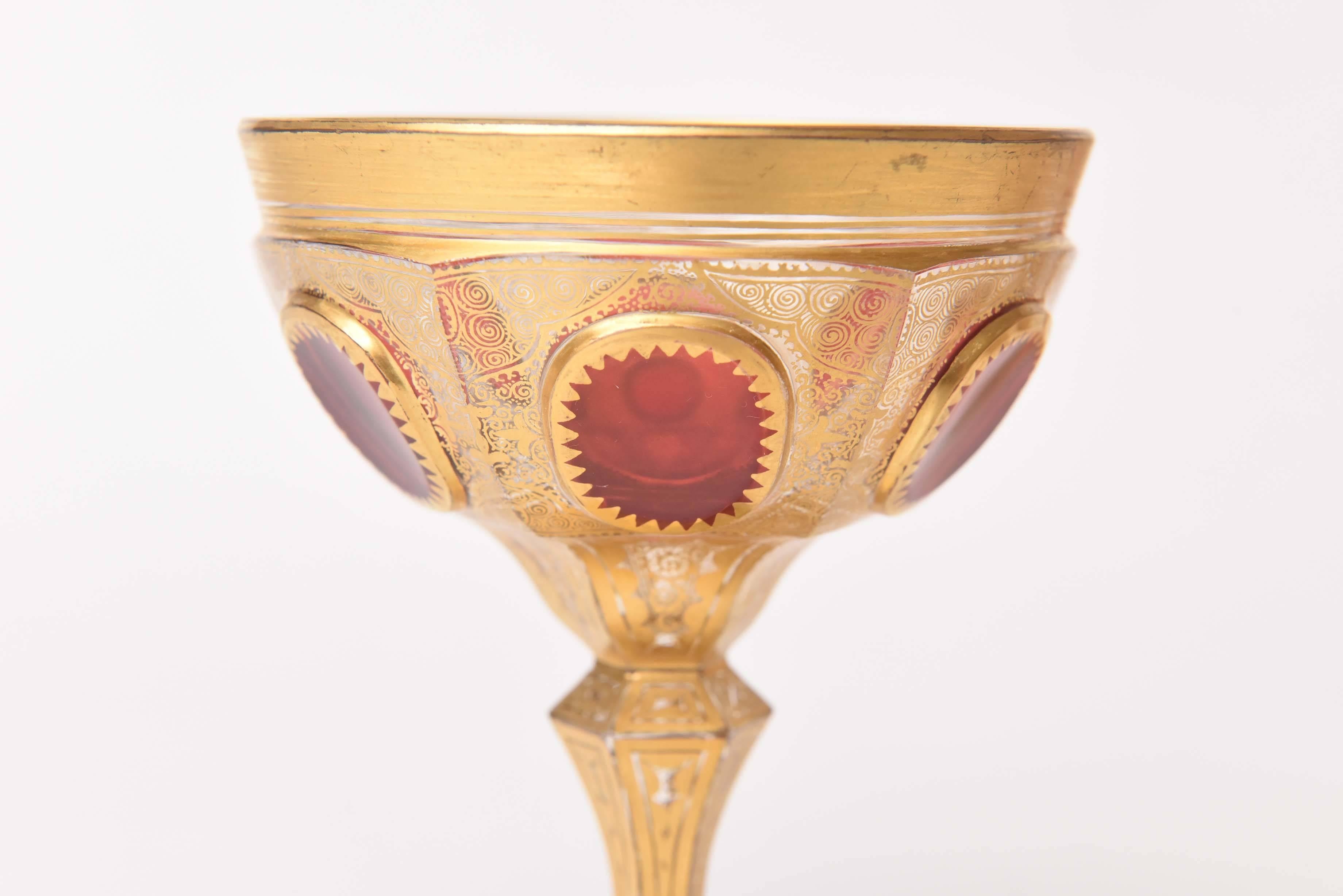 Six Elaborate Gilt Encrusted Ruby Cabochon Style Antique Moser Goblets In Good Condition In West Palm Beach, FL