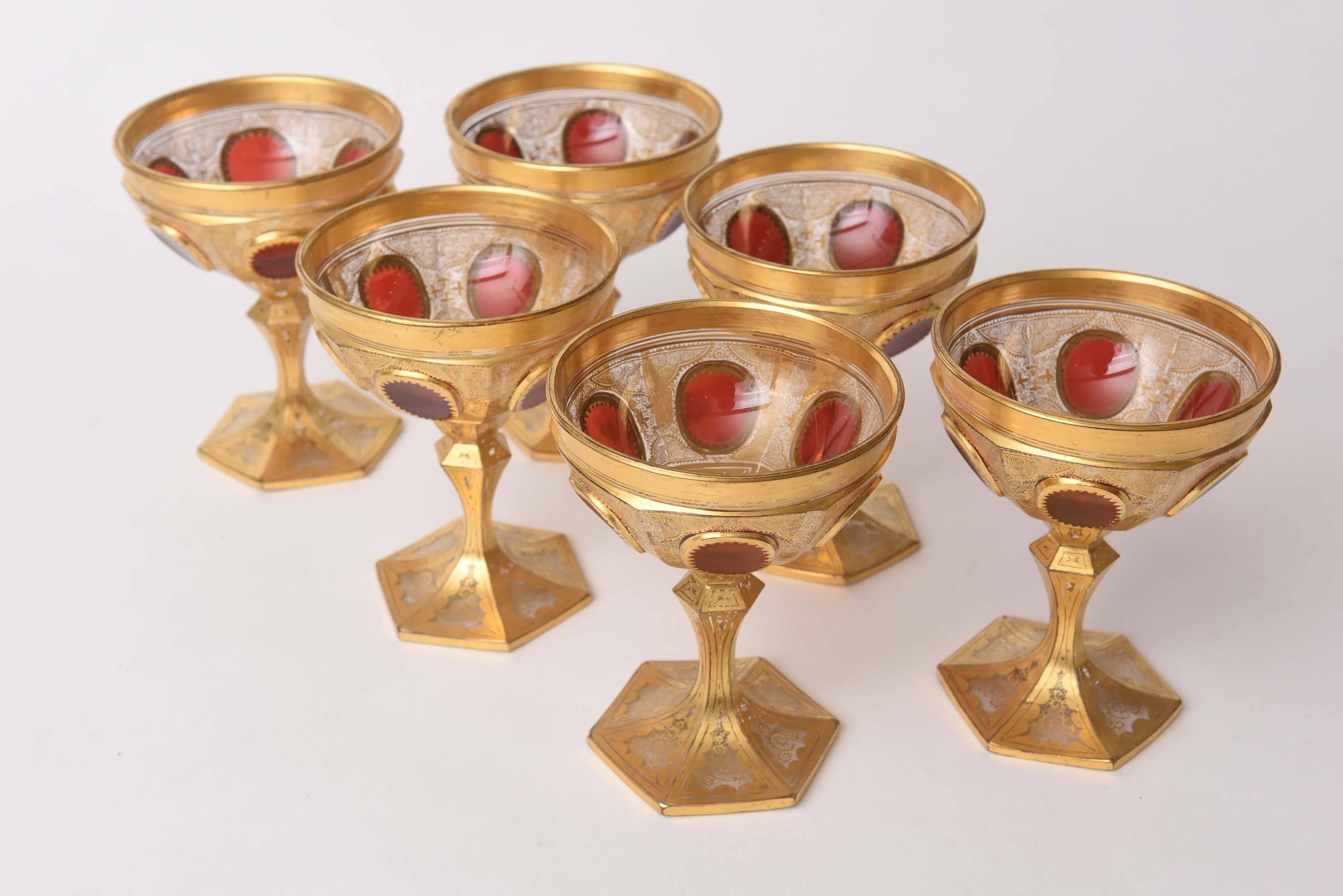 Late 19th Century Six Elaborate Gilt Encrusted Ruby Cabochon Style Antique Moser Goblets