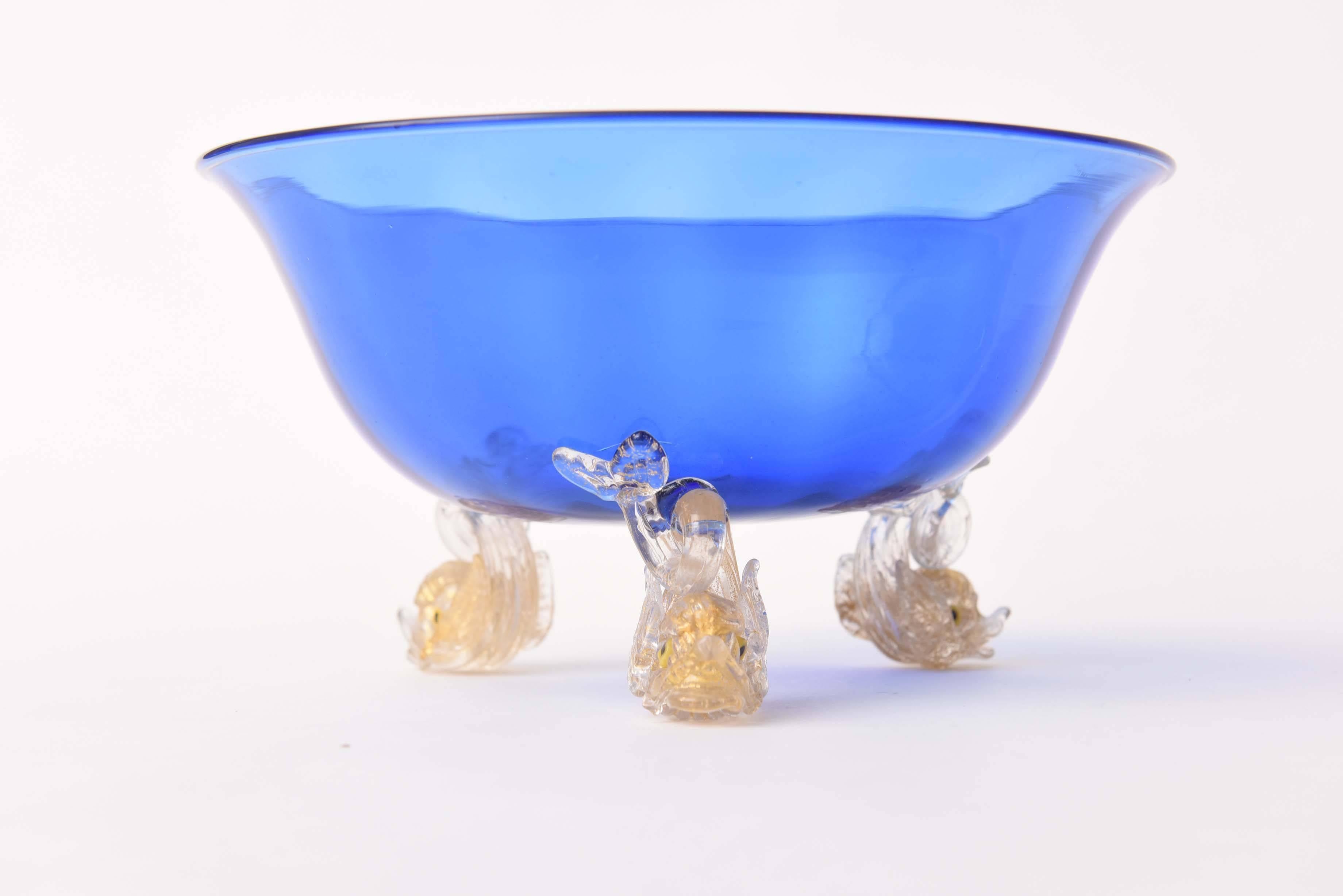Hand-Crafted Venetian Glass Cobalt Blue Gold Dolphin Foot Centerpiece Bowl, Vintage