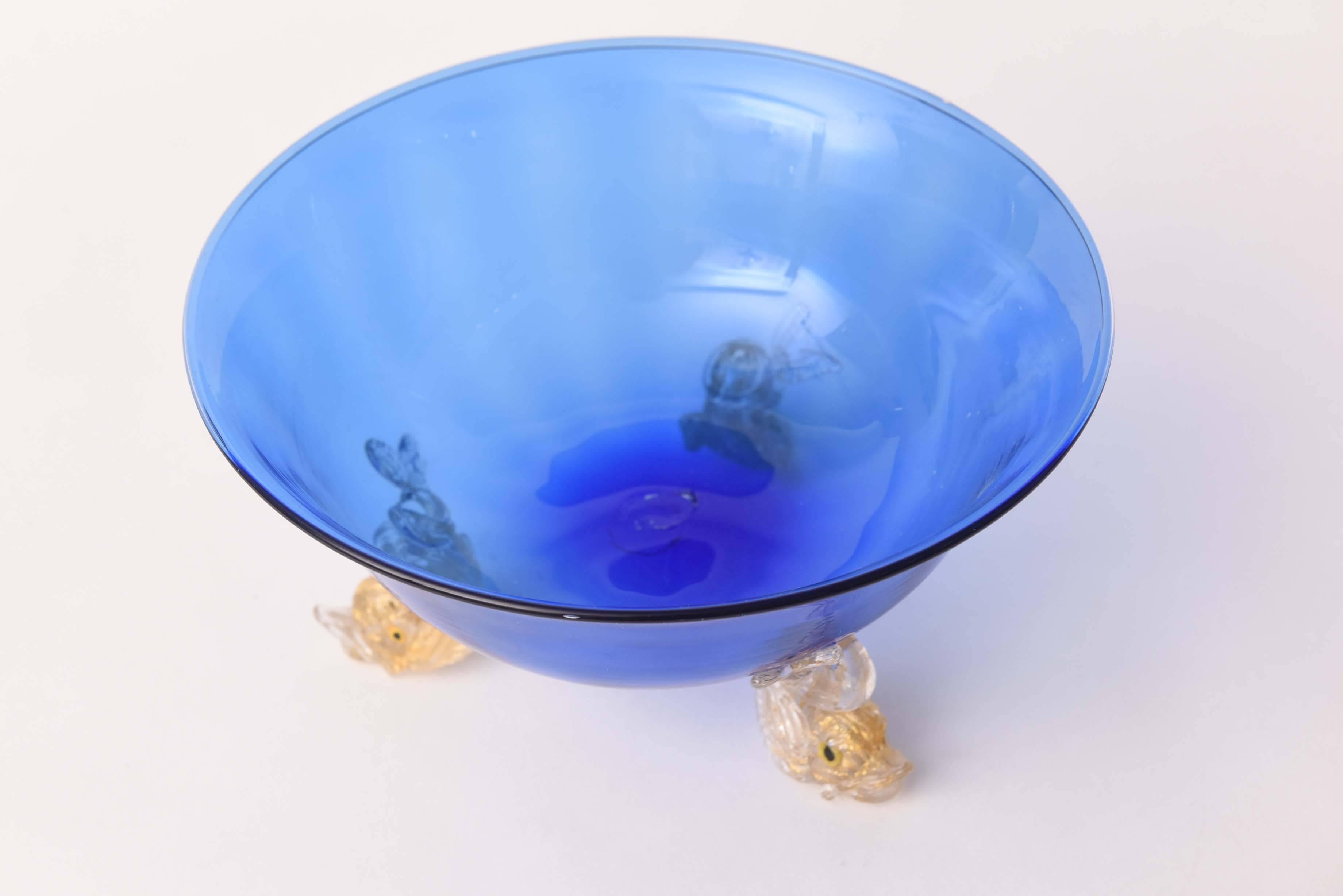 Mid-20th Century Venetian Glass Cobalt Blue Gold Dolphin Foot Centerpiece Bowl, Vintage