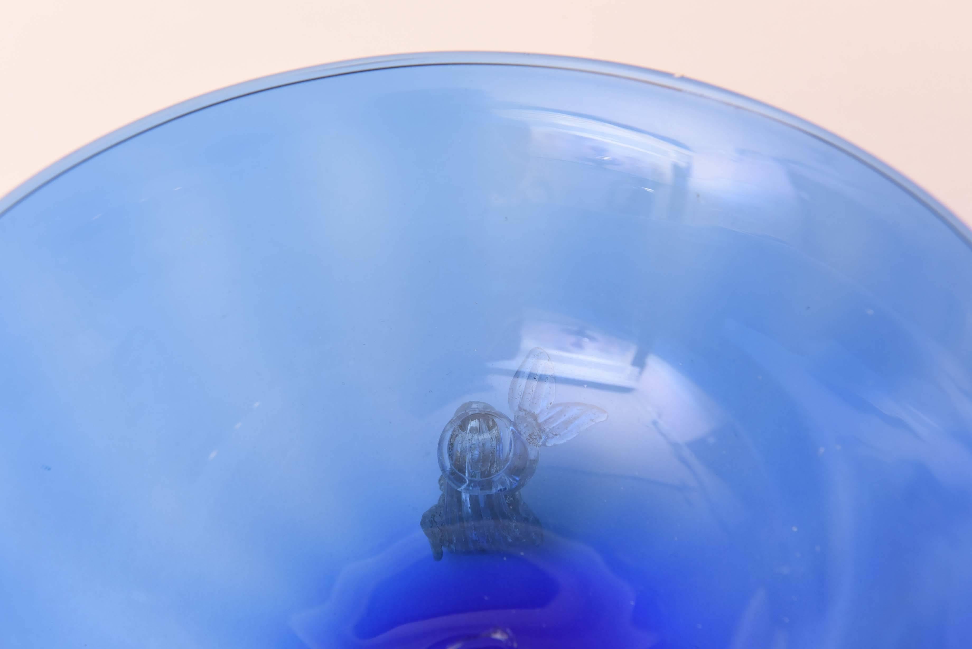 Blown Glass Venetian Glass Cobalt Blue Gold Dolphin Foot Centerpiece Bowl, Vintage