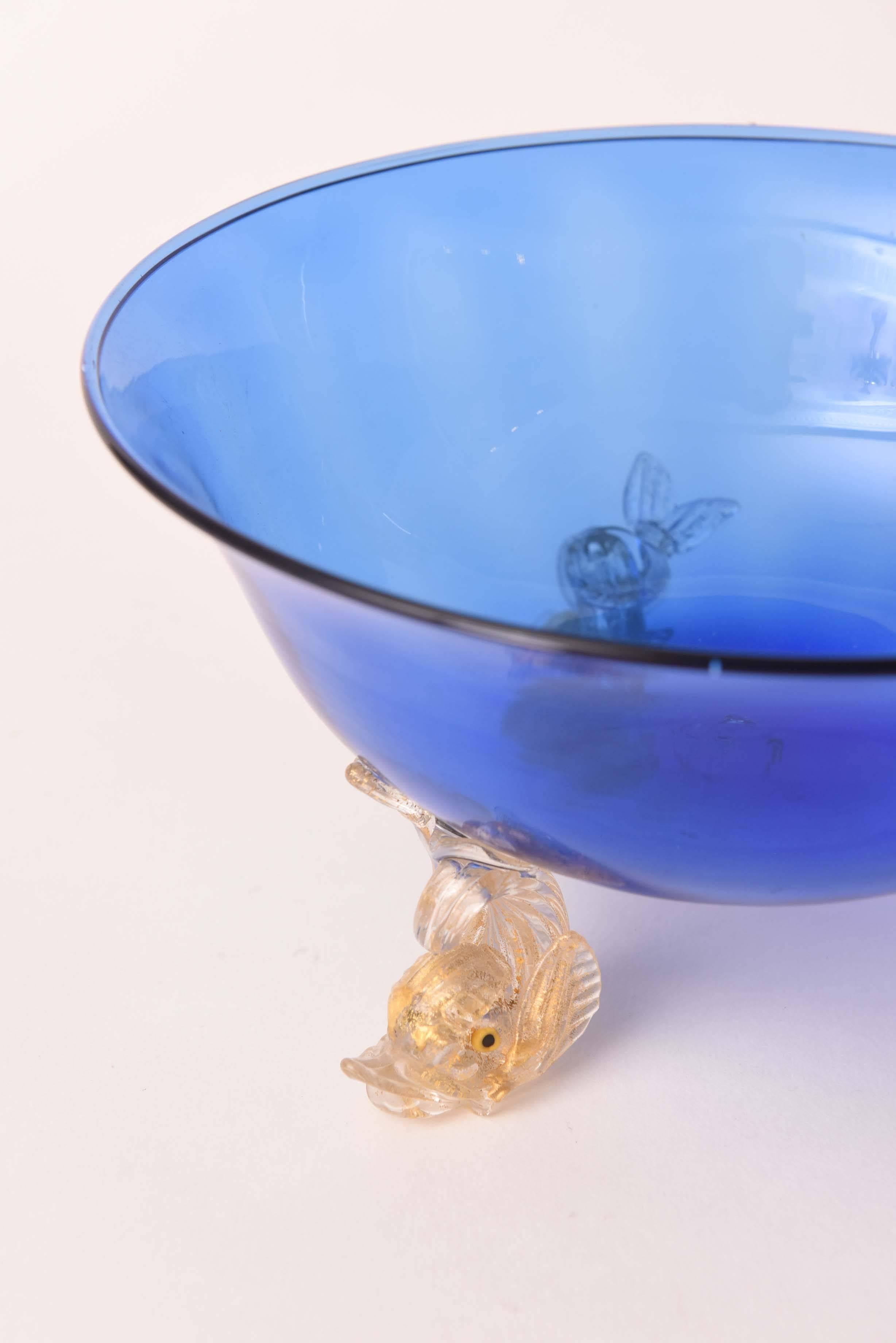 Venetian Glass Cobalt Blue Gold Dolphin Foot Centerpiece Bowl, Vintage 1