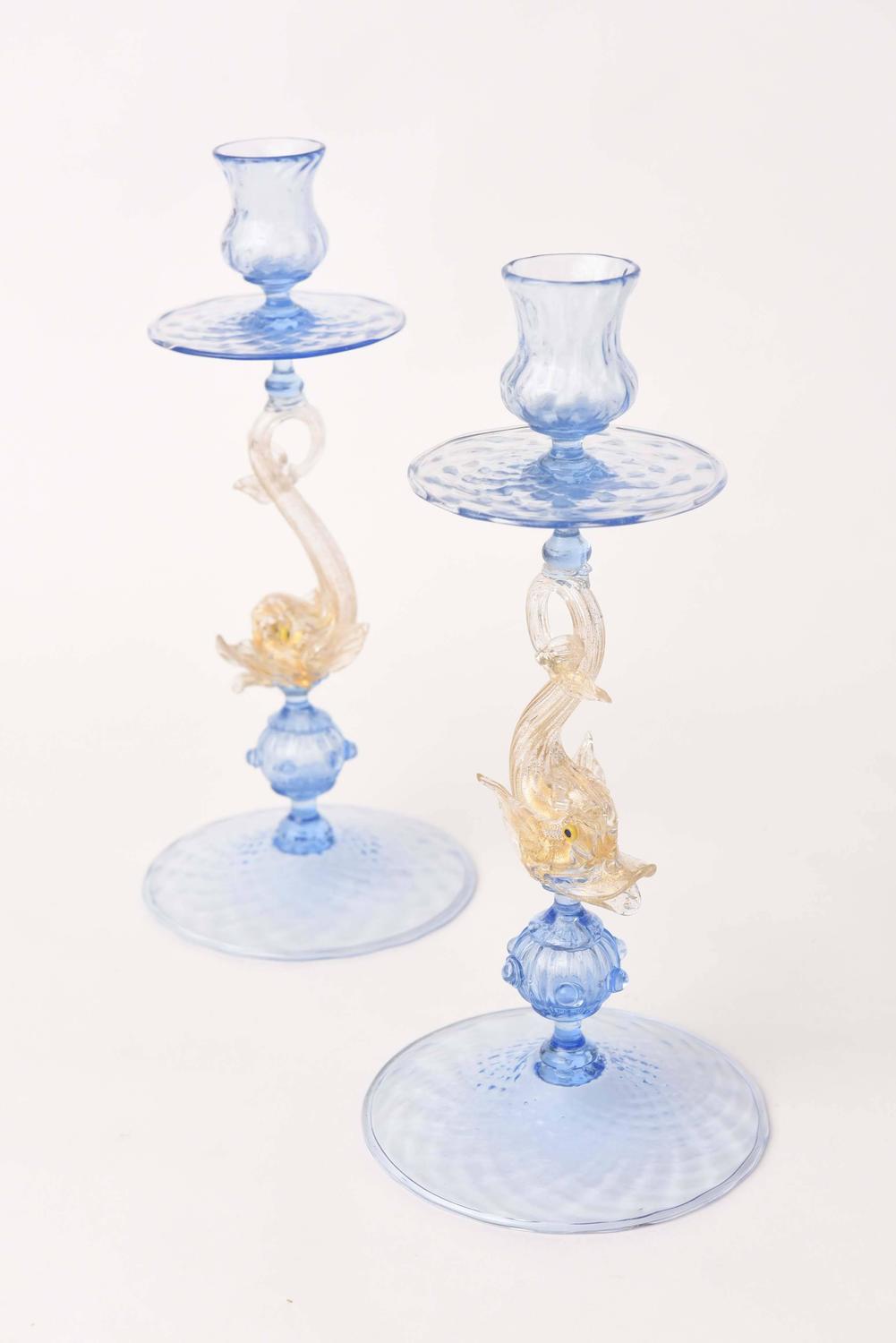 Pair of Glass Blue Dolphin Candlesticks, Vintage For Sale at
