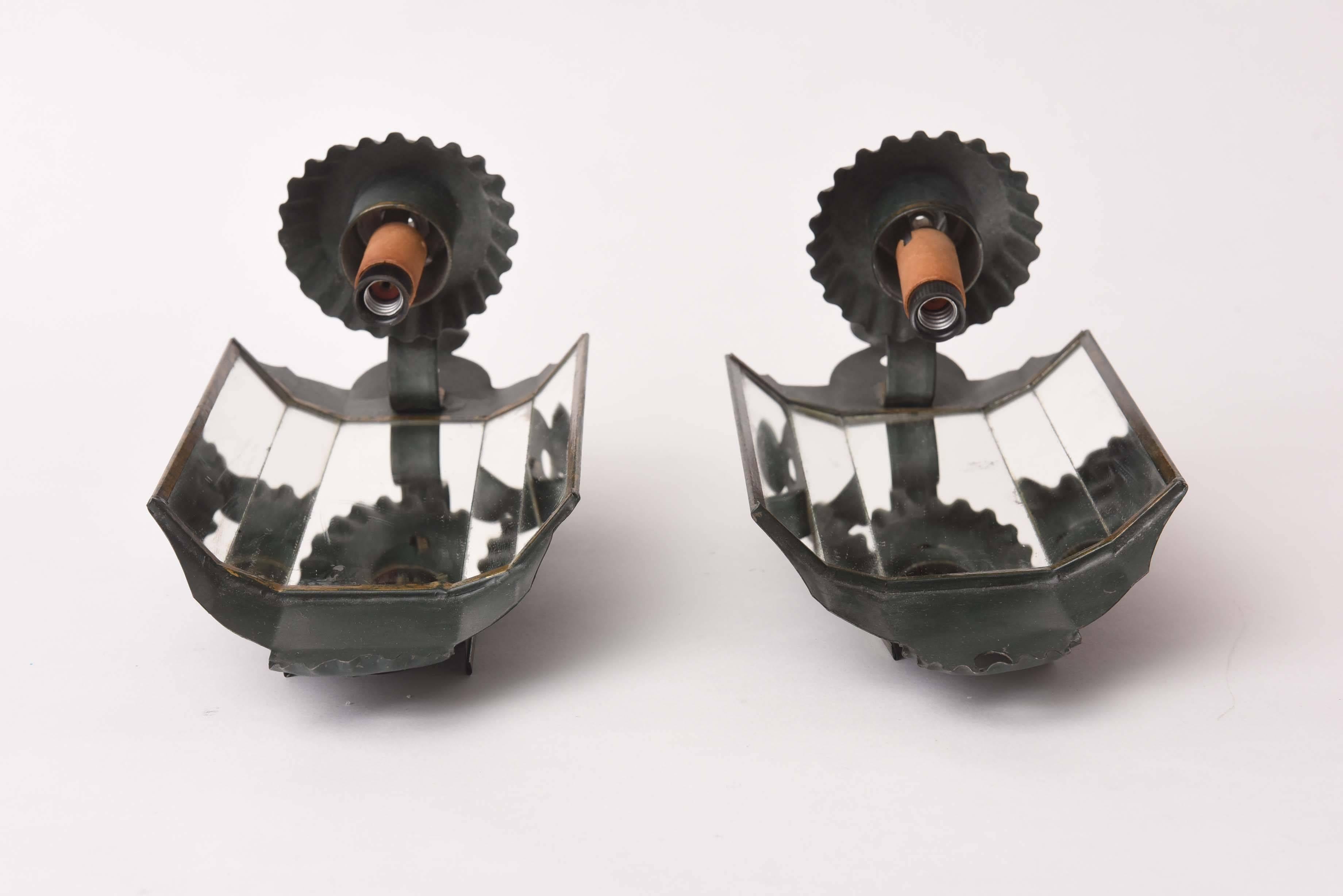 Mid-20th Century Pair of Vintage Tole Sconces Dark Green/Black Paint, Mirrored, Candleholder Type