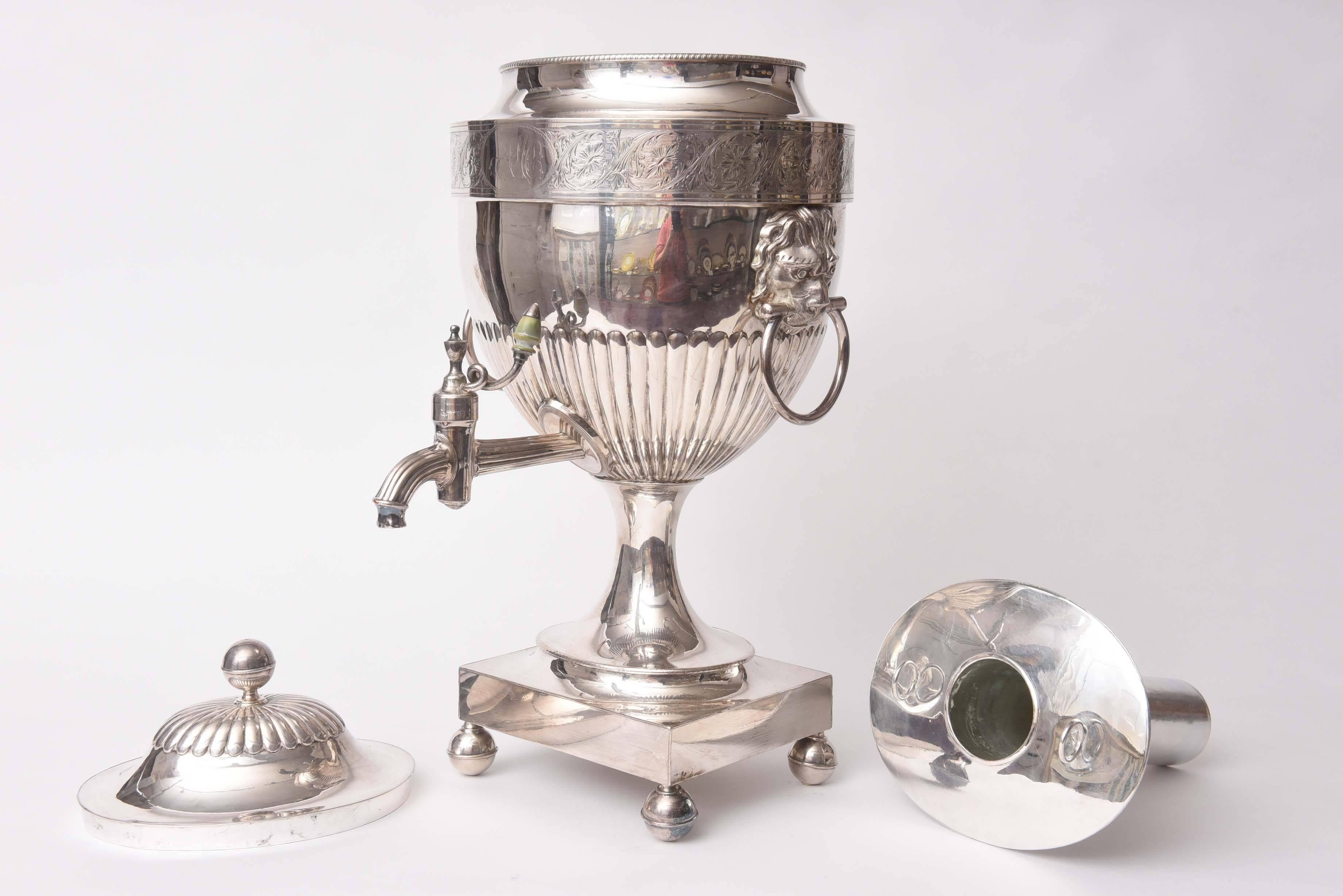 Hand-Crafted 19th Century Sheffield Silver Plate Lion's Head Handle, Ball Foot Coffee-Tea Urn