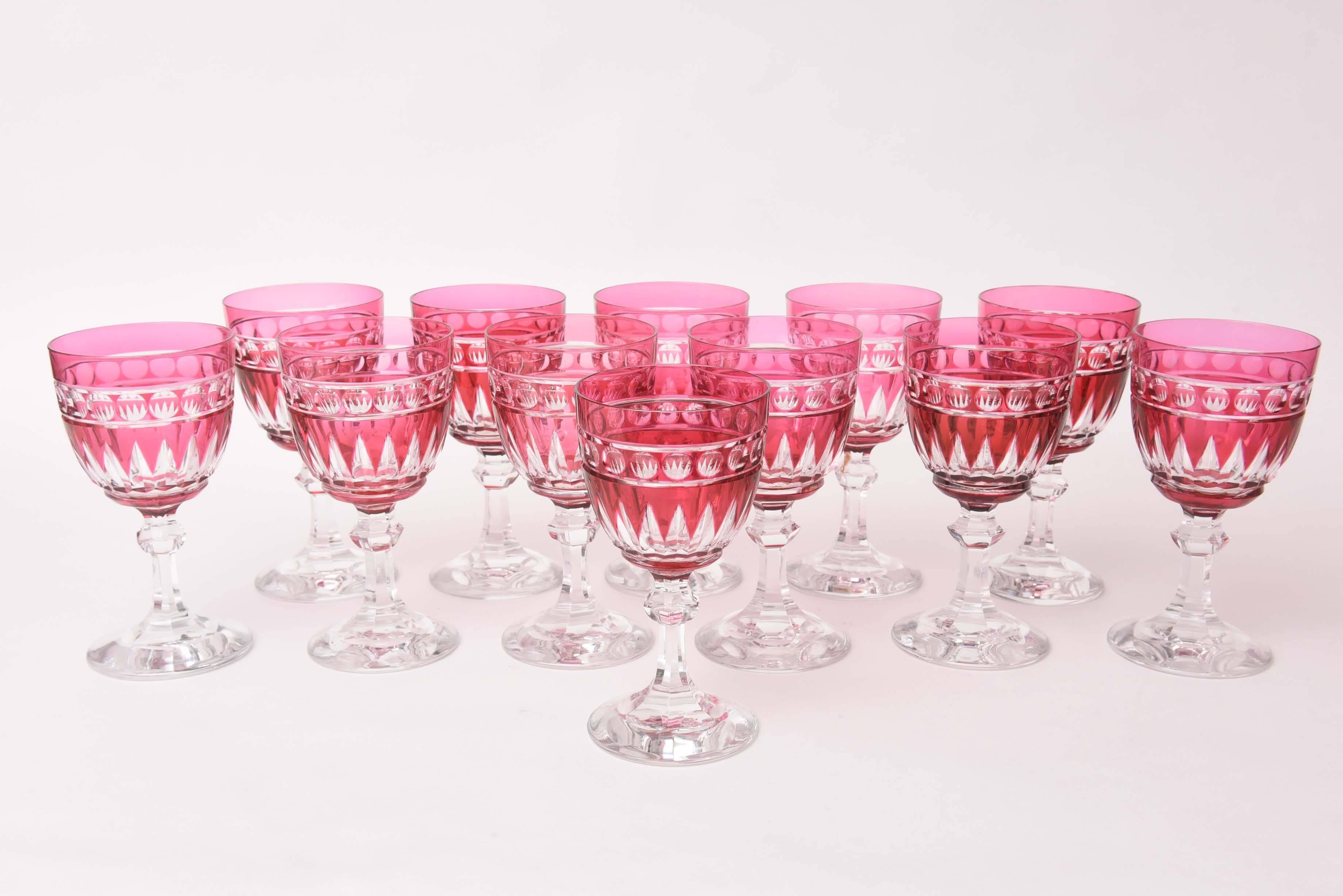 Hand-Crafted 12 Heavy and Impressive Ruby Cut Goblets by Val St Lambert with Knob Stem