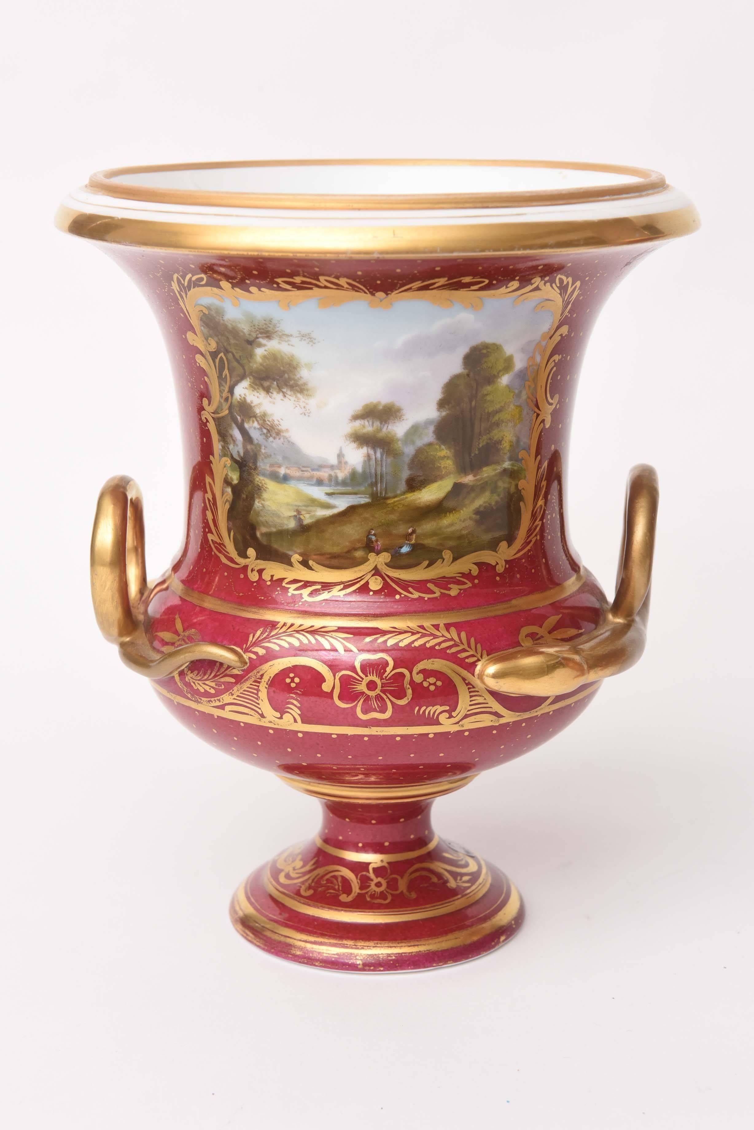 English Pair of 19th Century Urn Vases Rich Ruby Color with Hand-Painted Scenes Pedestal