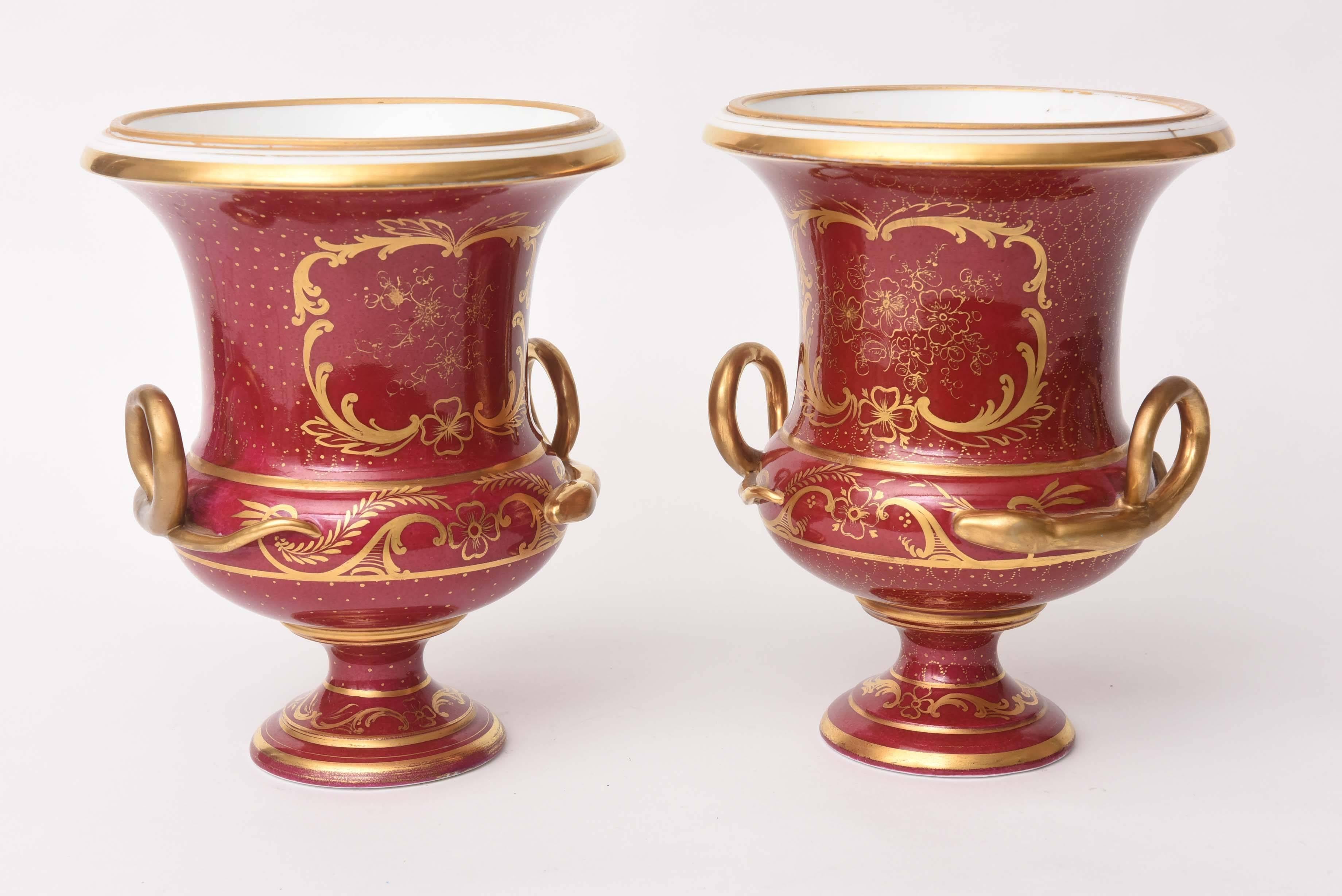 Hand-Crafted Pair of 19th Century Urn Vases Rich Ruby Color with Hand-Painted Scenes Pedestal