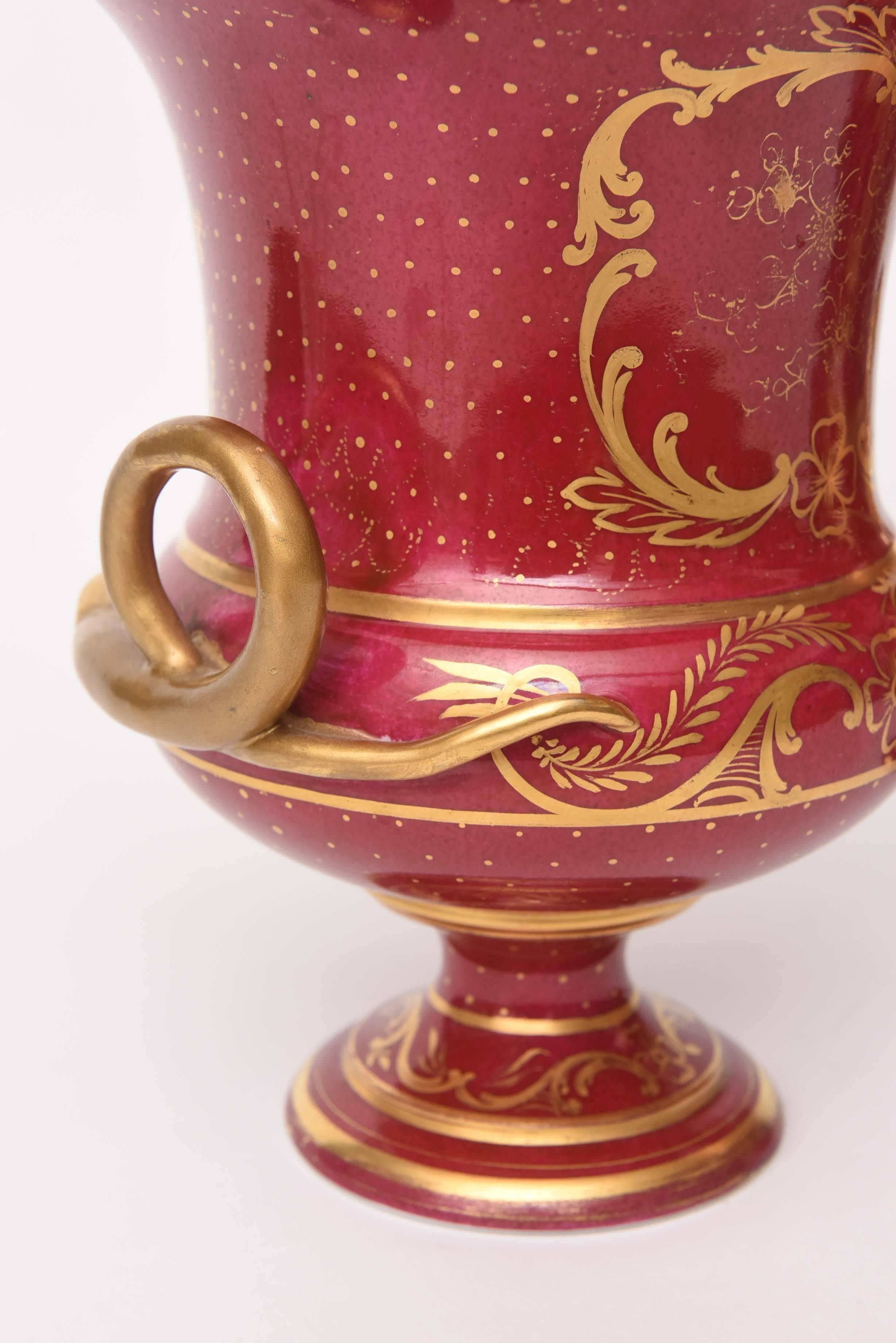 Pair of 19th Century Urn Vases Rich Ruby Color with Hand-Painted Scenes Pedestal In Good Condition In West Palm Beach, FL