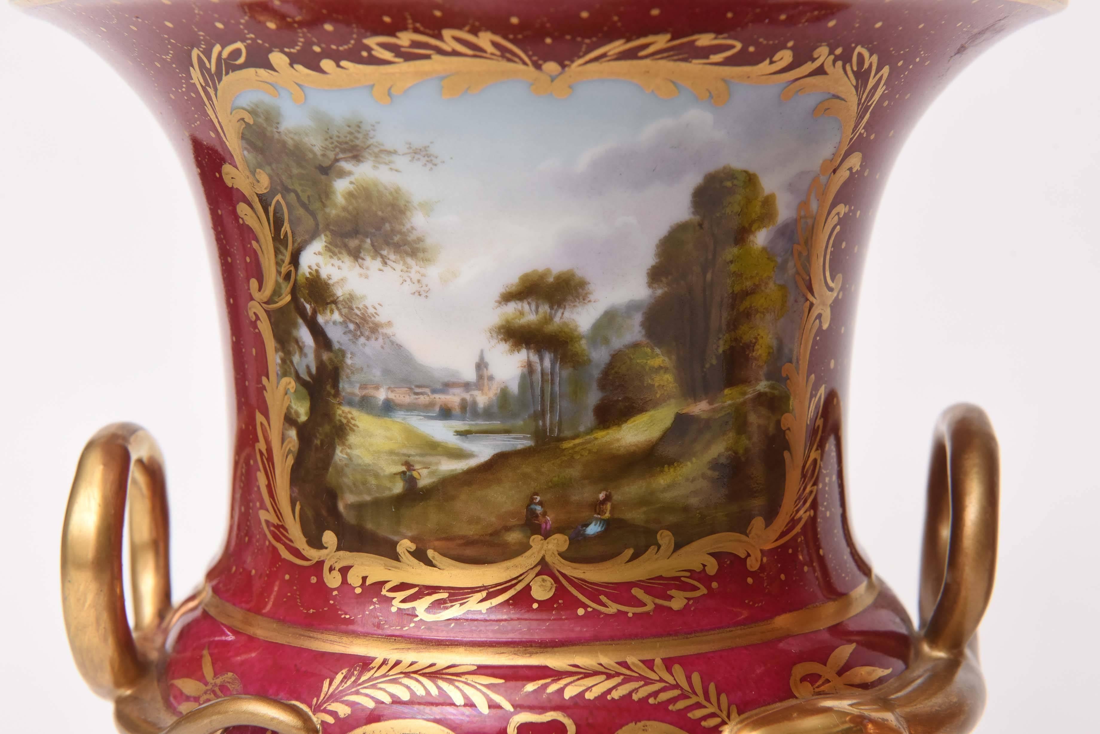 Mid-19th Century Pair of 19th Century Urn Vases Rich Ruby Color with Hand-Painted Scenes Pedestal