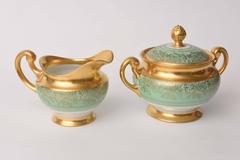 Full Service for 12, Green and Gilt Encrusted Antique Bavarian Fine Porcelain