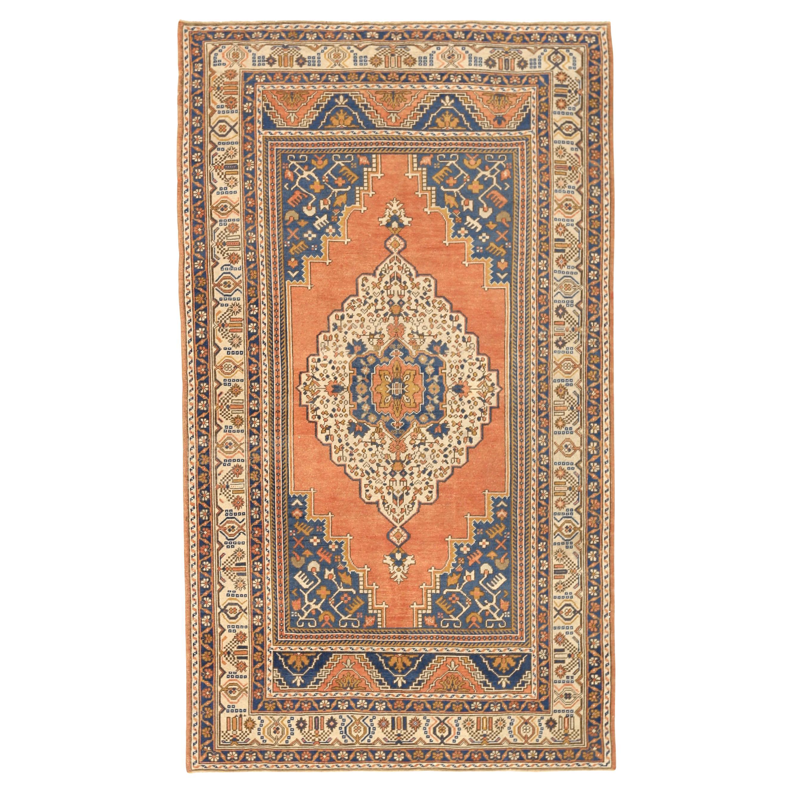 Petit tapis turc Anatoly - Laine ivoire bleu marine bleu rose motif - 92762