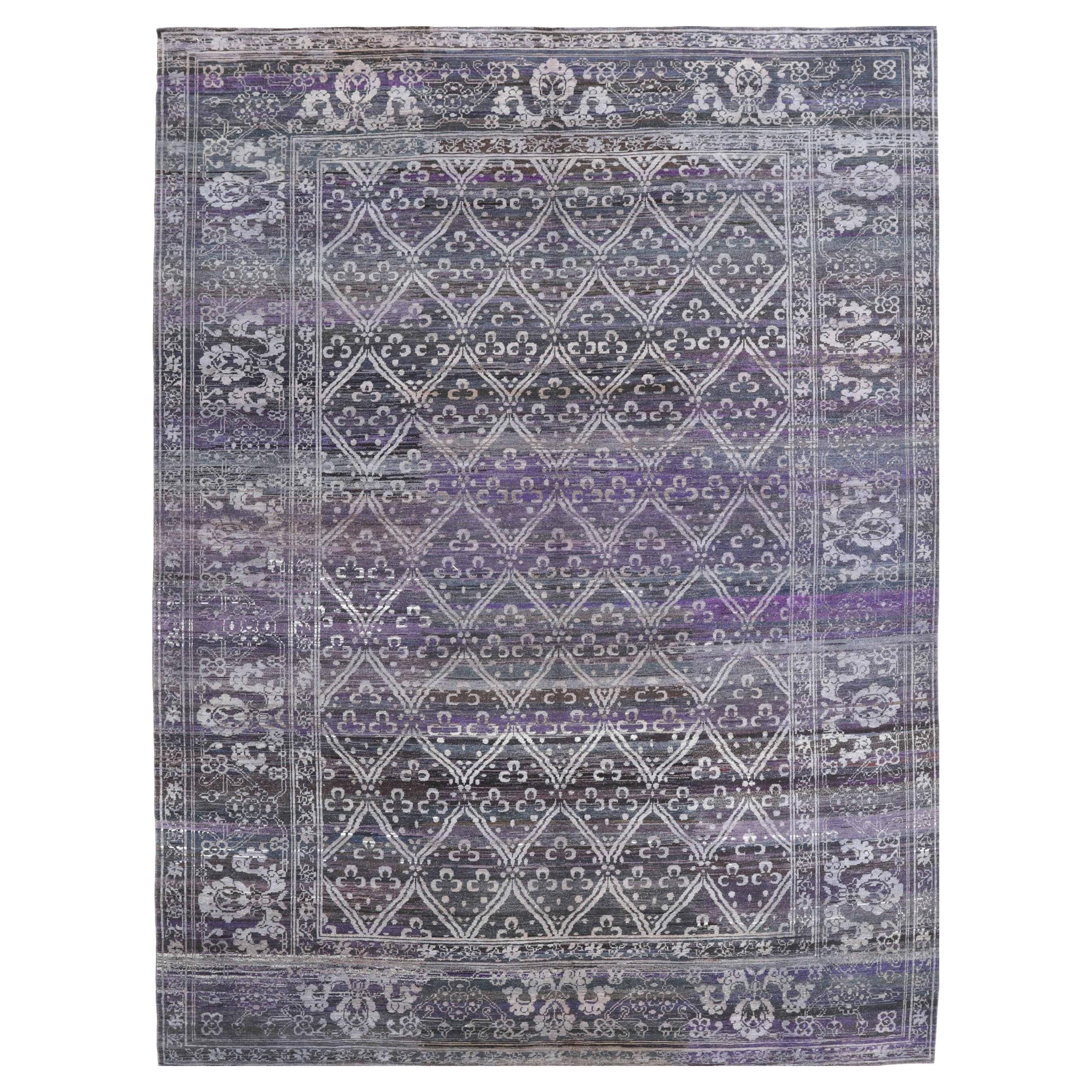 Turkish Oushak Area Rugs - Wool Ivory Purpel Design - 92869 For Sale