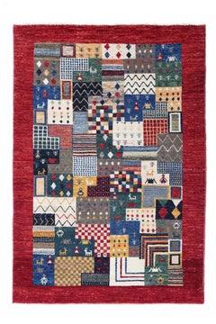 Persischer Gabbeh Kleiner Teppich - Wolle Blau Elfenbein Rot Gelb Design - 96890
