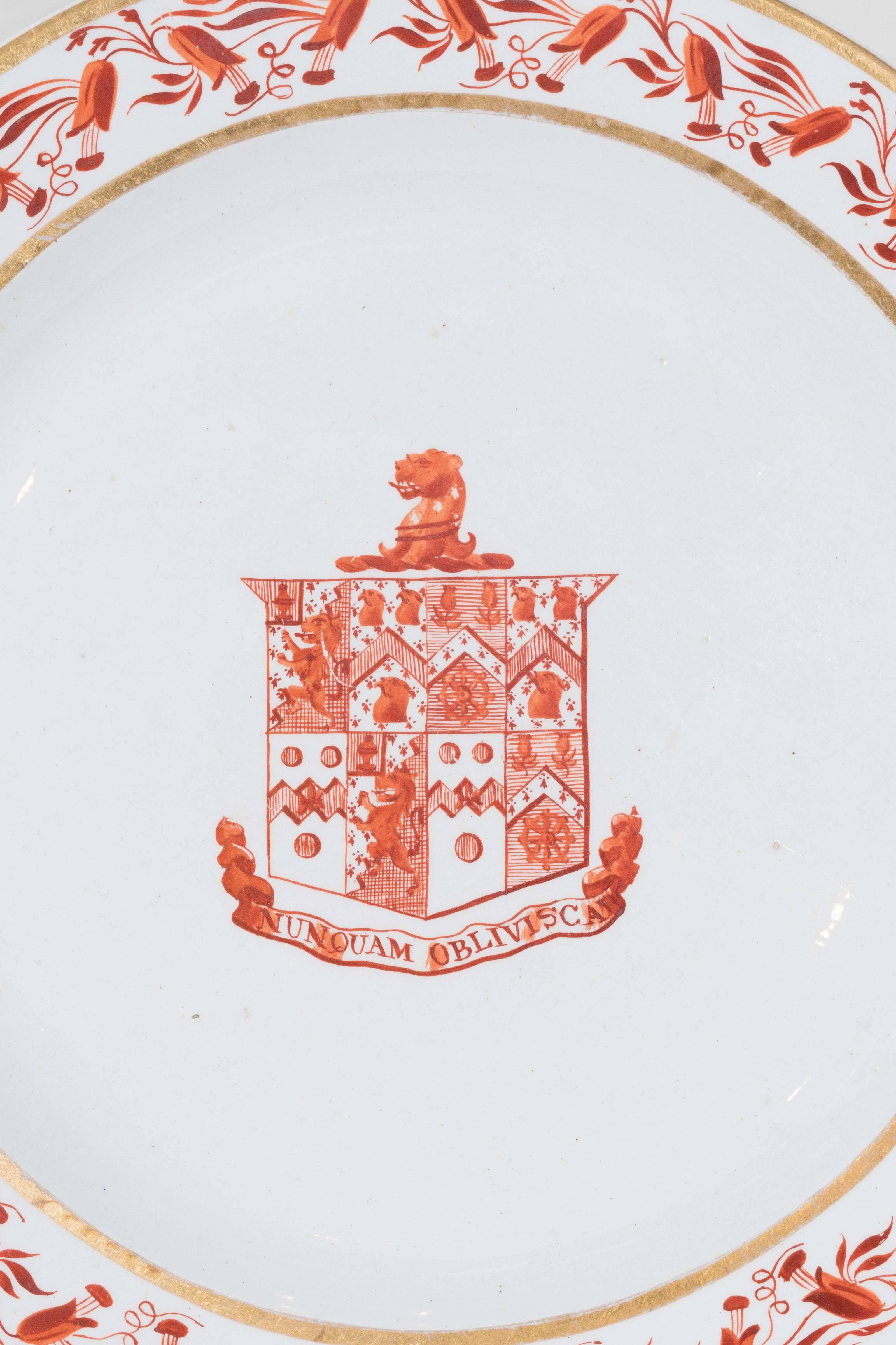 A wonderful pair of armorial dishes painted in red with the Marital Arms of Simpson and Hopper.
 Made by the factory of Neale & Company dating to circa 1780 the armorial bearings as depicted upon this George III earthenware dish are those of the